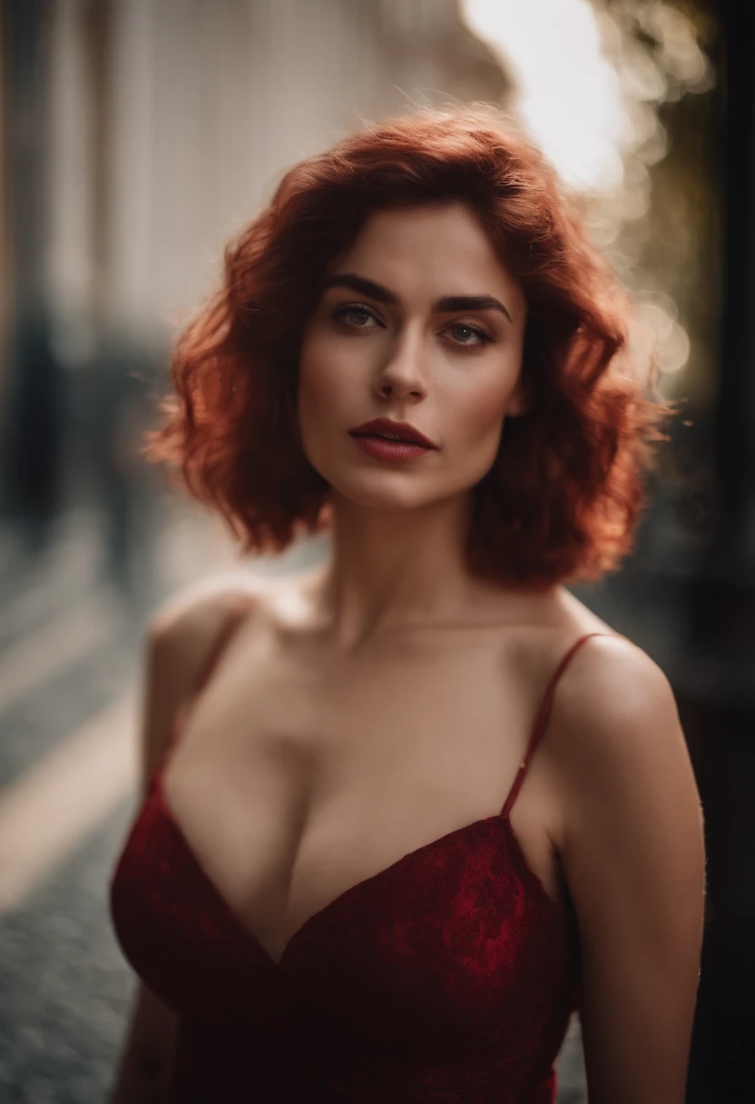 Femme aux Gros seins. Jeunes cheveux couleur rubis. Belle jeune femme.