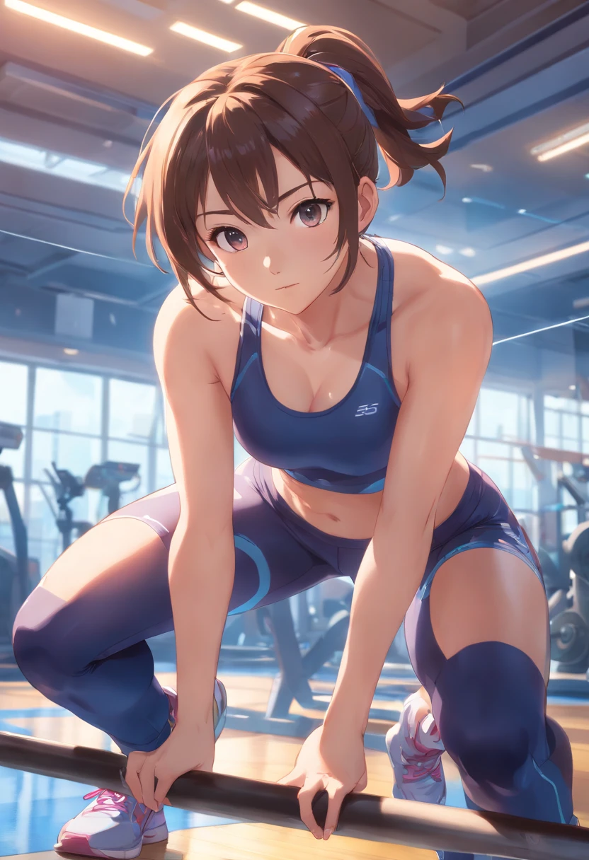 (highres:1.2,masterpiece:1.2),ultra-detailed,realistic:1.4,1girl,defined abs,chun li at the gym, Pose mais forte, coxas musculosas,huge breasts,thicc,sports bra,tight leggings,in the gym, body sweat,woman's face glowing with sweat,large mirrors on the gym interior,shiny gym floor,spotless gym equipment,vibrant and energetic atmosphere,strong and confident posture,vivid colors,professional lighting,determined expression on the girl's face,powerful movements,fit and toned body,harmonious ambiance,natural sunlight streaming through windows,