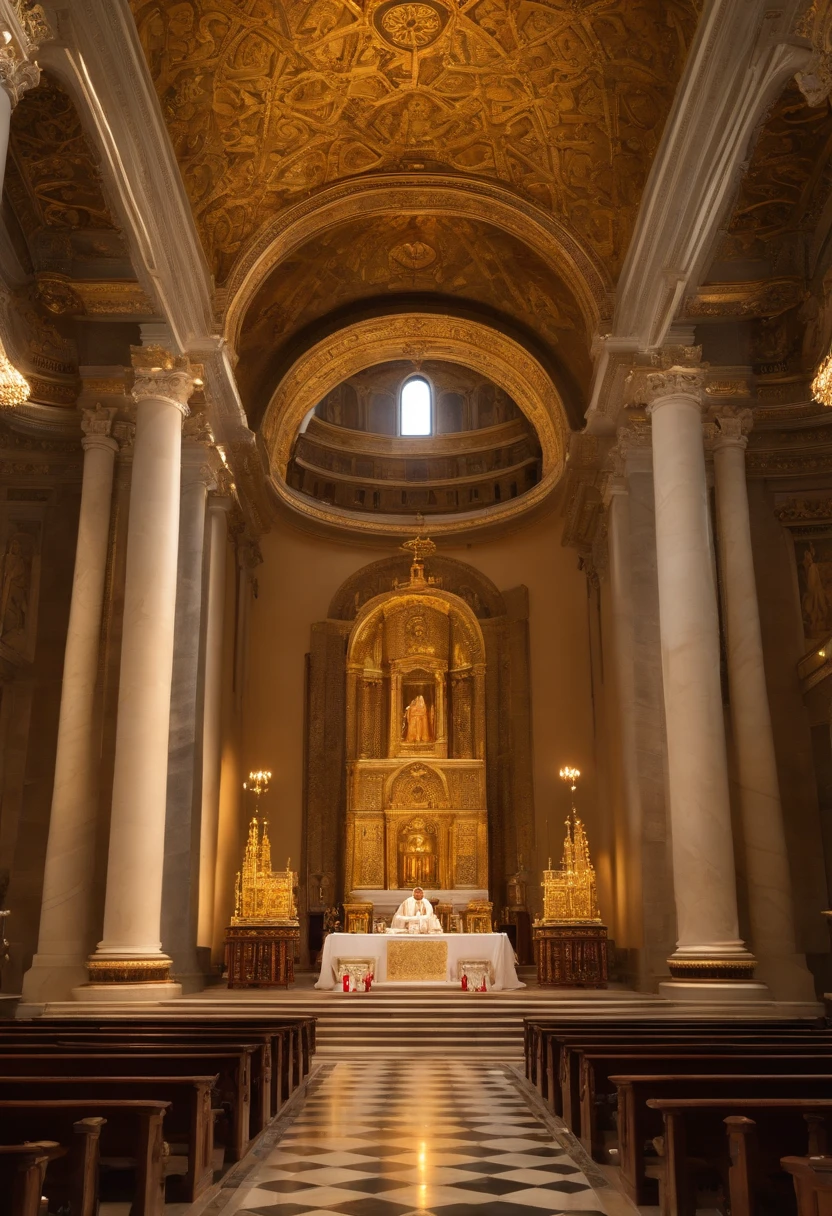 Pope Eugene III, Rosto realista, alta qualidade, 4k, olhos e rosto detalhados, Mitra Papal, sentado em um trono com um altar tridentino de ouro ao lado, Richly decorated catholic church, vitrais, luz de velas piscando, Religious symbols, Tall Marble Columns, altar ornamentado, Atmosfera santa, cores vibrantes, soft lighting, majestic presence