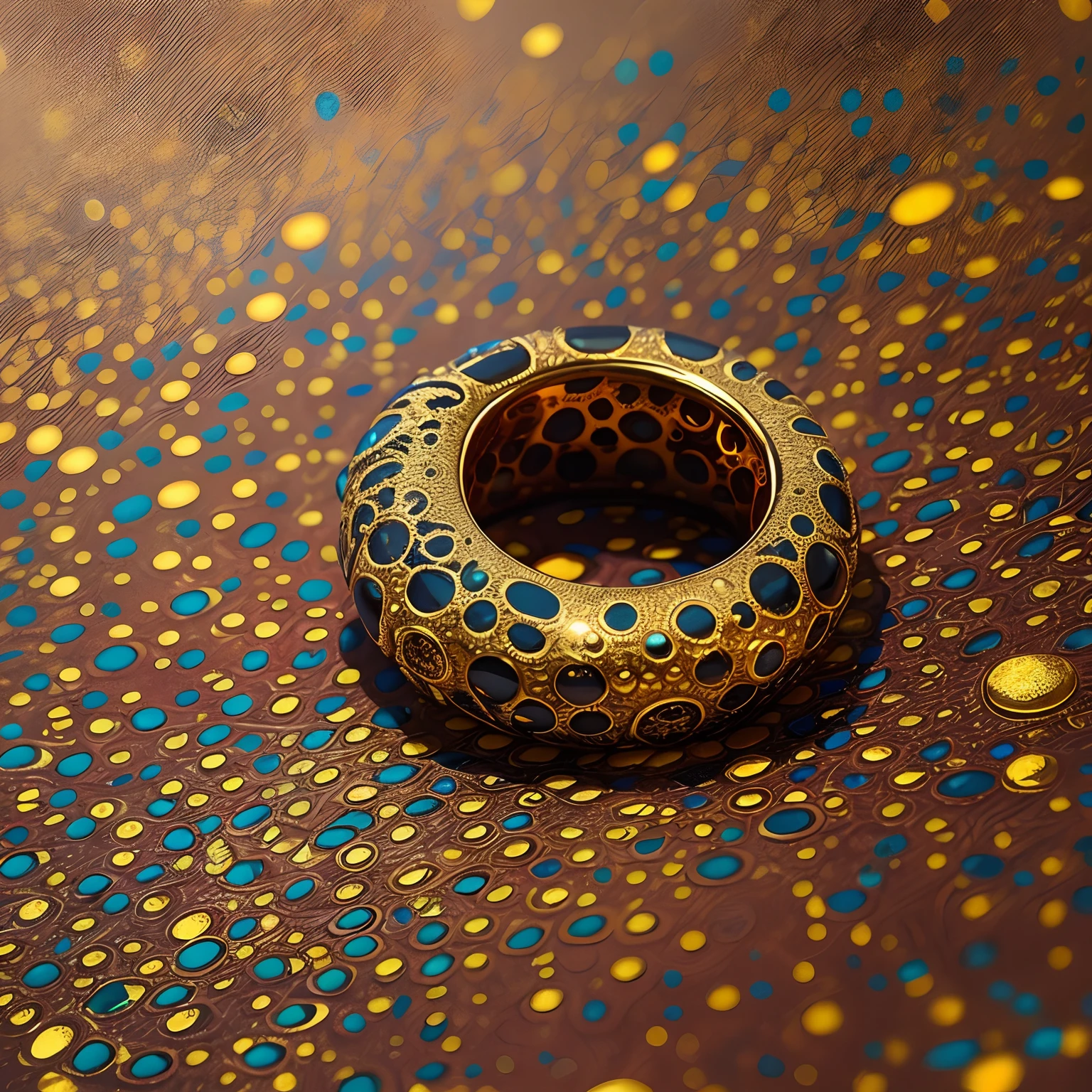 Masterpiece，highest  quality，(Nothing but the ring)，Masterpiece，highest  quality，Gold Ring in lava , Yayoi Kusama, abstract expressionism, A symbol of strength, Unique texture, fiery glow, intense heat, Close-up Shot Shot