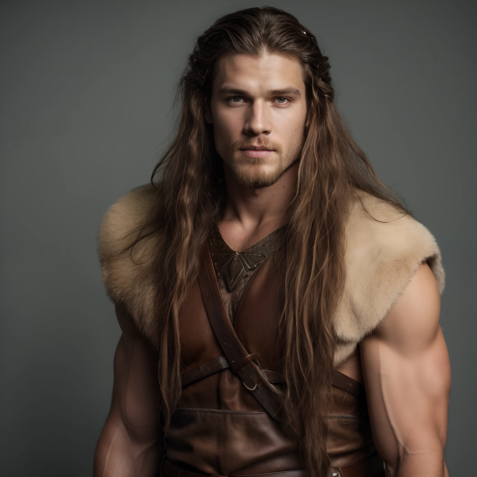 Jovem com cabelos longos e um colete de couro posando para uma foto, imagem de um guerreiro jovem masculino adulto, Retrato de um viking, male barbarian, jovem com cabelo longo, macho atraente com armadura, retrato masculino da fantasia, Techno viking masculino sem camisa, strong masculine features, como um personagem de fantasia medieval, atraente cabelo longo, rapaz de cabelos vermelhos e olhos verdes, rosto jovem atraente, rosto perfeito, rosto jovem, modelo masculino, barba longa, Foto do personagem de fantasia, Guerreiro viking antigo, Sam Heughan 8k