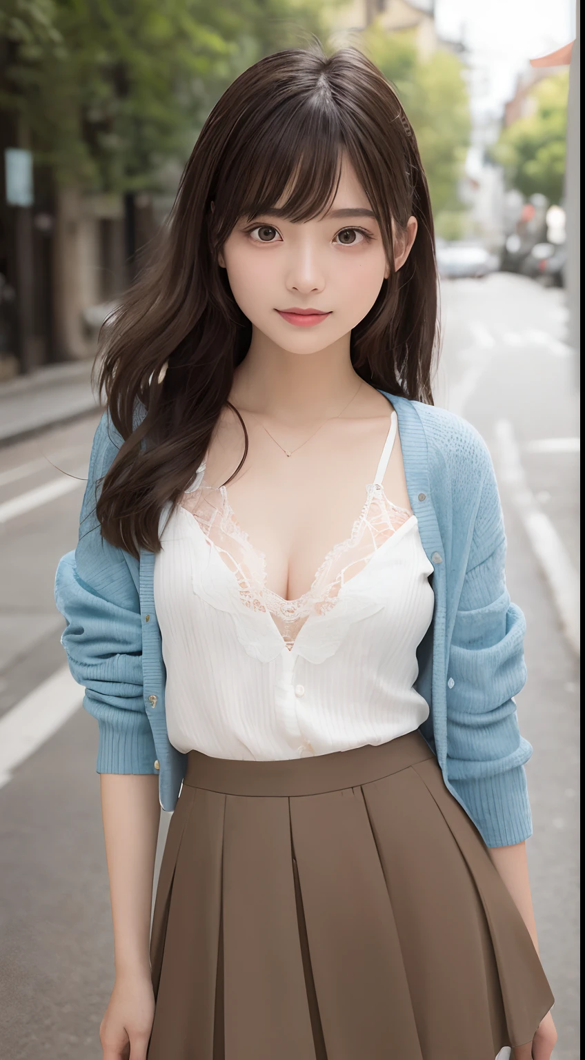 Smile、natta、Raw photography、(((Ultimate Beauty Portrait)))、((glistning skin))、女の子1人、15 year old beautiful girl in Prague、bright expression、((brown haired))、(cleavage of the breast)、(Random Color Flared Skirt:1.5)、((Big eyes that shine like jewels))、open cardigan、Open your clothes、panthyhose、Glossy glossy skin、(Medium Hair)、(Silky Ponytail Hair)、(is standing)、(Shooting from directly below)、Under the skirt、(Close-up of underwear from below)、eye liner、Beautiful bangs、Hair between the eyes、((masterpiece、top-quality、ultra-detailliert、Film Light、intricate-detail、hight resolution、ighly detailed))、细致背景、8KUHD、Digital SLR、Soft light、hightquality、Film grain、FujifilmXT3 、Shallow depth of field、natural soft light、Kamimei、Lush bust