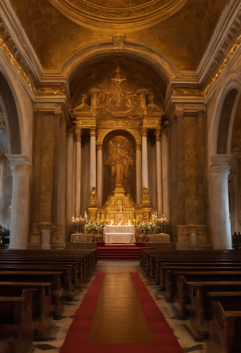 Pope Eugene III right next to the screen, Rosto realista, alta qualidade, 4k, olhos e rosto detalhados, Mitra Papal, sentado em um trono com um altar tridentino de ouro ao lado, Richly decorated catholic church, vitrais, luz de velas piscando, Religious symbols, Tall Marble Columns, altar ornamentado, Atmosfera santa, cores vibrantes, soft lighting, majestic presence