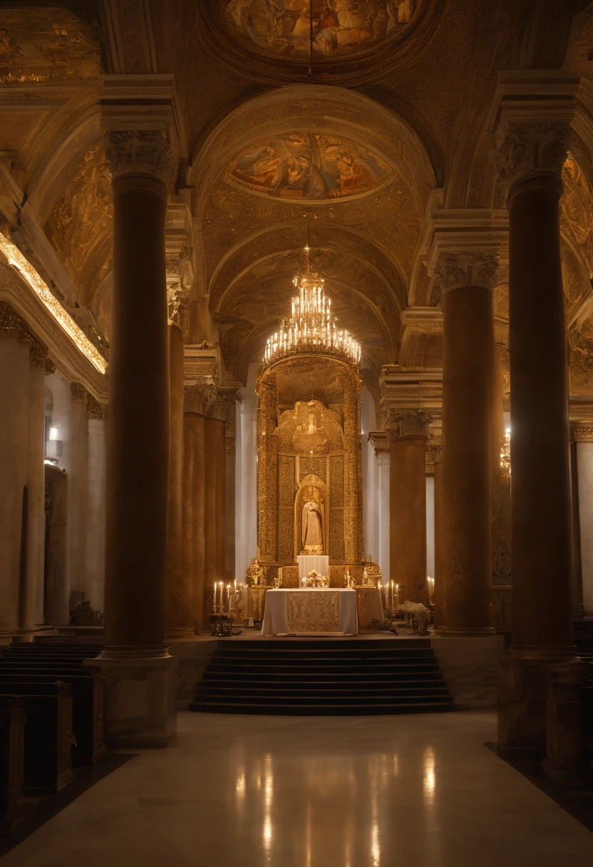 Pope Eugene III right next to the screen, Rosto realista, alta qualidade, 4k, olhos e rosto detalhados, Mitra Papal, sentado em um trono com um altar tridentino de ouro ao lado, Richly decorated catholic church, vitrais, luz de velas piscando, Religious symbols, Tall Marble Columns, altar ornamentado, Atmosfera santa, cores vibrantes, soft lighting, majestic presence
