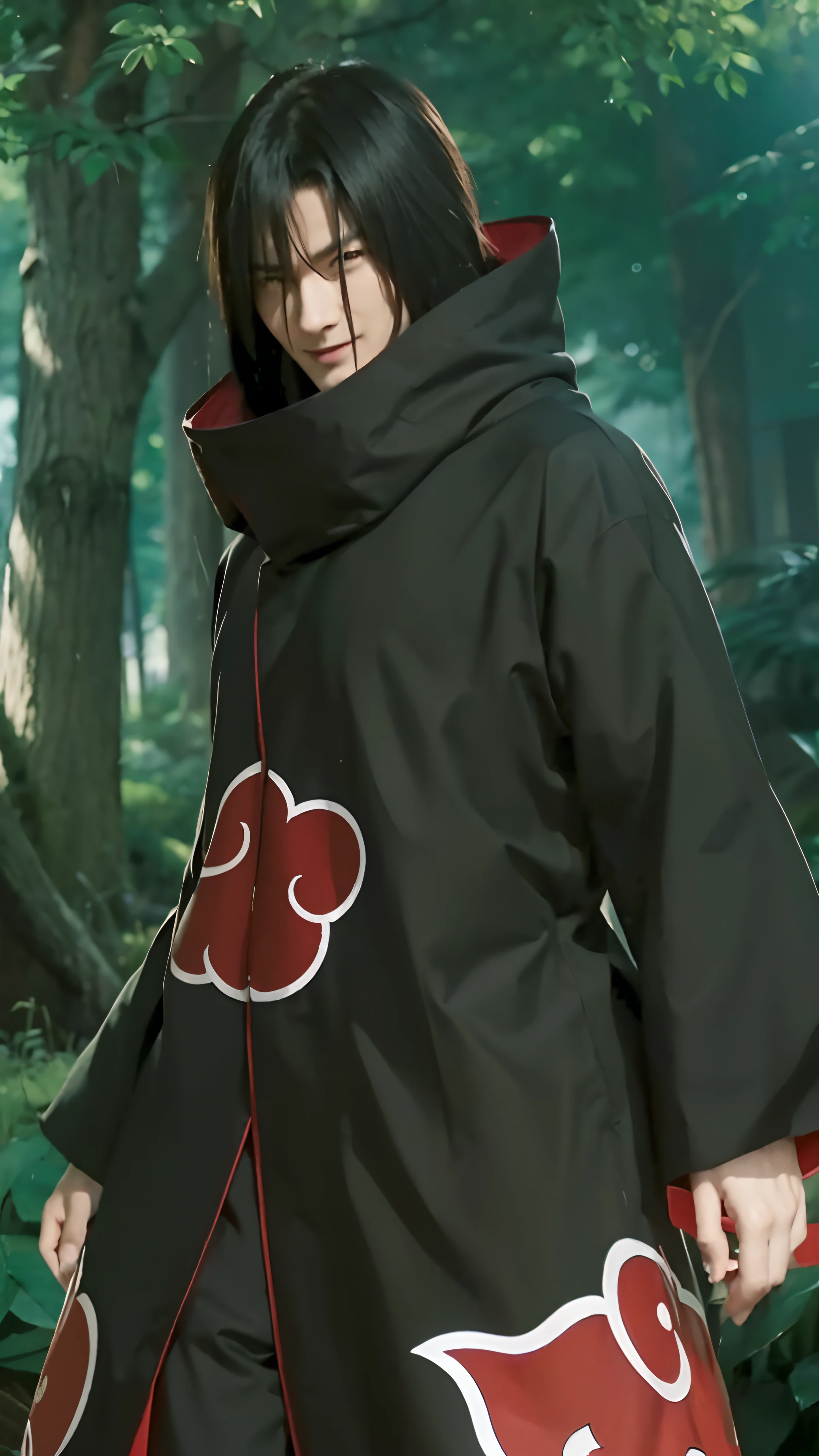 Real life adaption of this character, handsom man face, evil smile expression, ((realistic same hair)),((realistic same outfit with Akatsuki logo)) , hyper realistic, realistic light, realistic shadow, realism,(photorealistic:1.2), looking to viewer ,