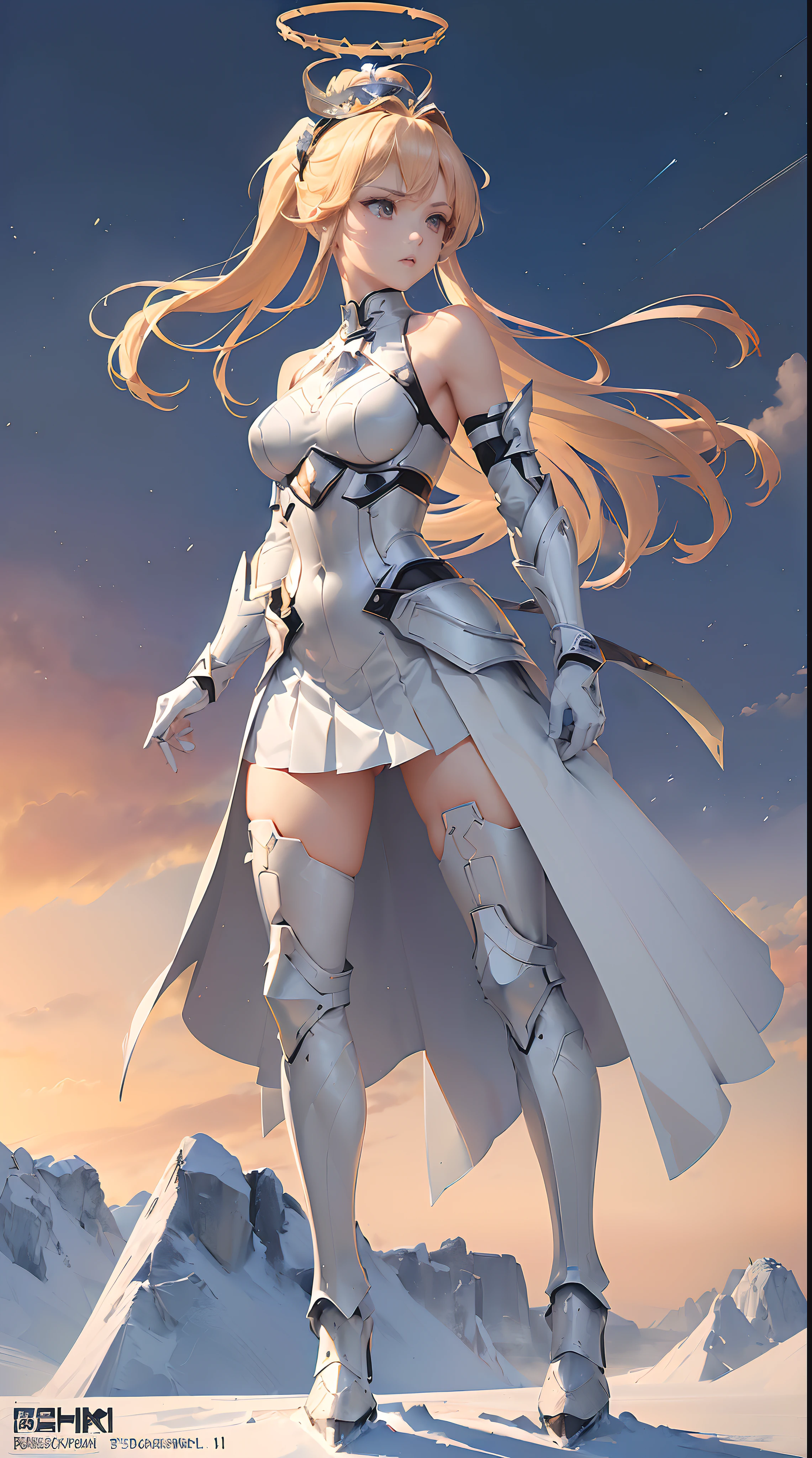 style of anime,Mecha Warlord type,(High-quality characters:1.2),(4K:1.1),(Exquisite facial features:1.2),Glossy face,up-close,(The complexion is very fair:1.3),(sophisticated haircut:1.2),(Long blonde hair single ponytail hairstyle:1.2),(Thin leg:1.2),(Small chest Thin waist:1.2),(Small breasts:1.2),(Raised :1:2),(Adult body type:1:2),(1个Giant Breast Girl:1.2),(Shape-shaping textured armor armor:1.3),(Pleated battle skirt:1.3),(White textured over-the-knee heeled boots 1.3),(A long blade of ice hanging from the waist:1.2),(Long gloves in silver steel texture:1.2),(Patterned gloves and waist-length stockings:1.3),(Silver striped wrist and elbow armor and waist armor and shin and knee armor:1.2),(Crown of ice on the head and halo of fire:1.3),(White transparent shoulder armor and battle robe:1.2),(Urban sky background:1.2),(Light wings on the back:1.2),(the sideview:1.2),(Grim expression:1.2),(Open leg movement 1.3),(Best quality at best:1.2),(hight contrast:1.2)