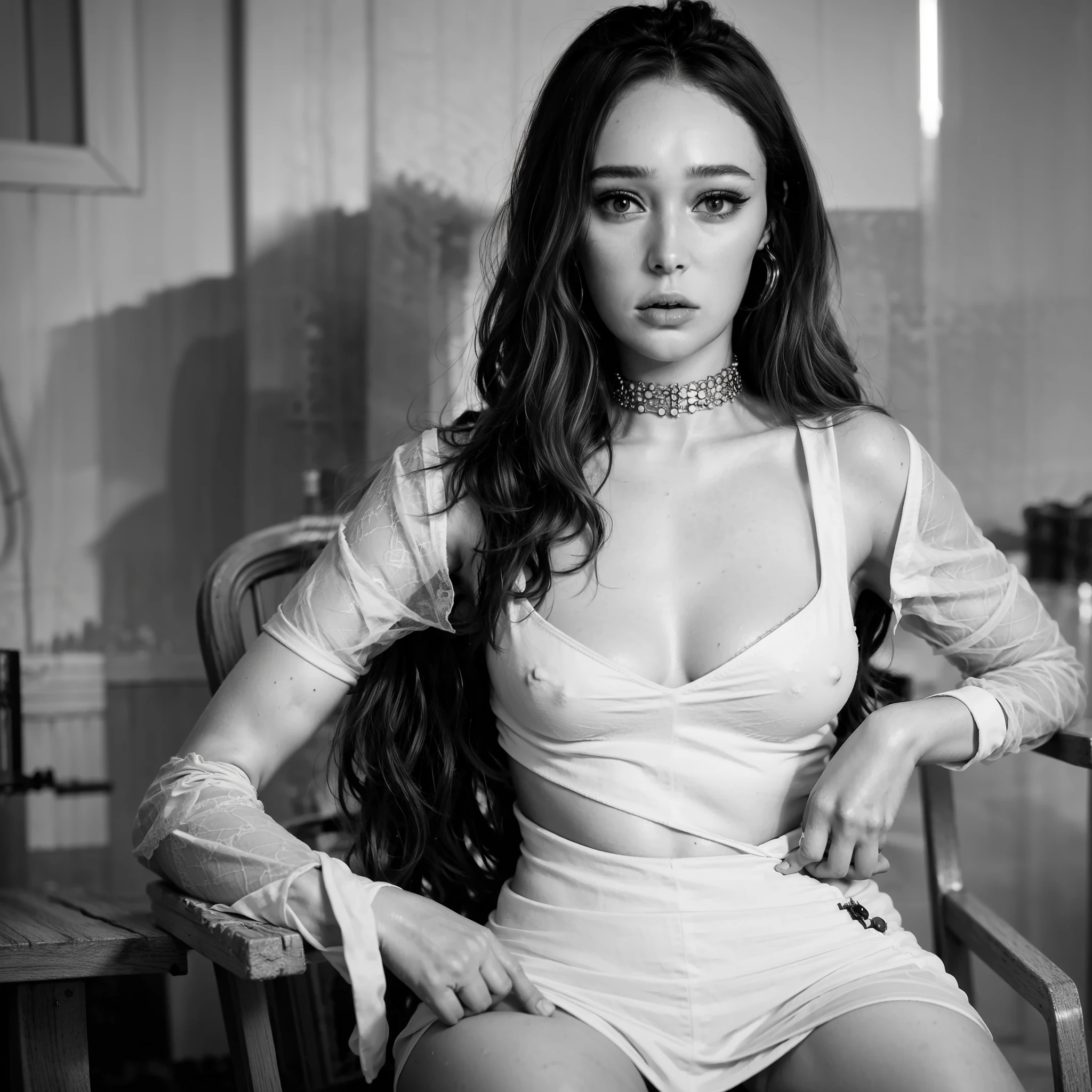 Ultra-realistic photo of Alicia Debnam Carey, masterpiece, Best Quality, High solution, 32K HDR, Ultra-realistic texture, hyper derailed face, Portrait, (natural, ultra gigantic tits), Detailed eyes, {eroticism 3.5}, Photorealism, (view of Full body shot), Model Body Style, (Shabby and messy hospital room, In an abandoned hospital),, sexy, naked, tits, fully nude