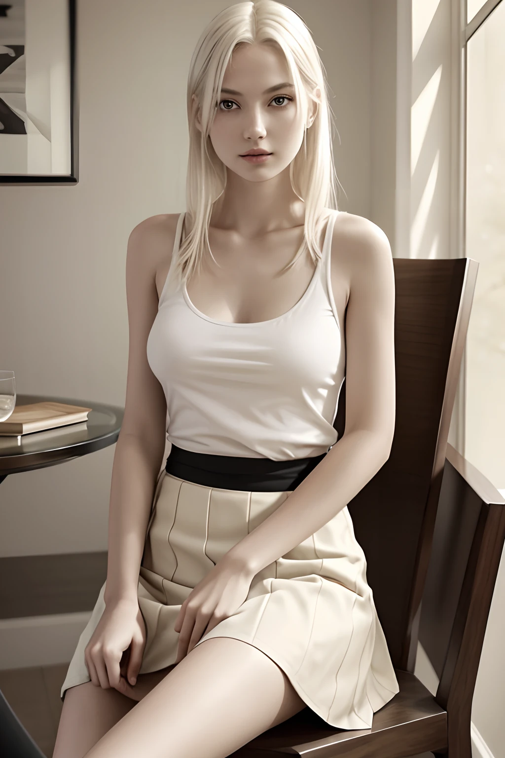 1girl in, age19, Solo, Aesthetic artwork, platinum blonde hair, long straight hair, detailed hair, full c cup breasts, c-cup, slender body, Full body, detailed skin texture, (extremely detailed 8k wallpaper), soft lighting, high quality, film grain, Fujifilm XT3 sharp focus, f 5.6, 50mm, High Detail, Sharp focus,(natural light), (seductive), sitting in a chair with a glass of wine, siting in a chair, sitting on chair, sitting in chair, in a comfortable chair, wearing tanktop, white tanktop, tight top, wearing skirt, bold geometric skirt, black quilted skirt, colorful skirt, Realistic, ultra realistic, photo realistic