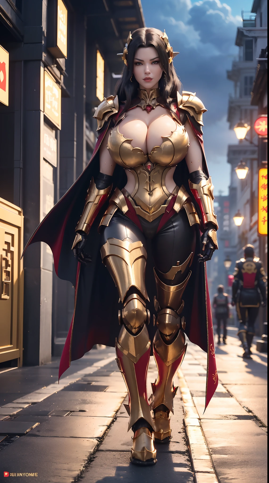 1GIRL, SOLO, SMILE, (shiny black hair), (HUGE FAKE BOOBS:1.3), (GUARD ARM, GLOVE), (red, black, gold, FUTURISTIC DRAGON MECHA ARMOR SUIT, ROYAL CAPE, CLEAVAGE:1.5), (SKINTIGHT YOGA PANTS, HIGH HEELS:1.2), (NSFW GLAMOROUS BODY, SEXY LONG LEGS, FULL BODY:1.3), (FROM FRONT, LOOKING AT VIEWER:1), (WALKING DOWN ON STREET NIGHT CITY:1.3), PHYSICALLY-BASED RENDERING, ULTRA HIGHT DEFINITION, 8K, 1080P.