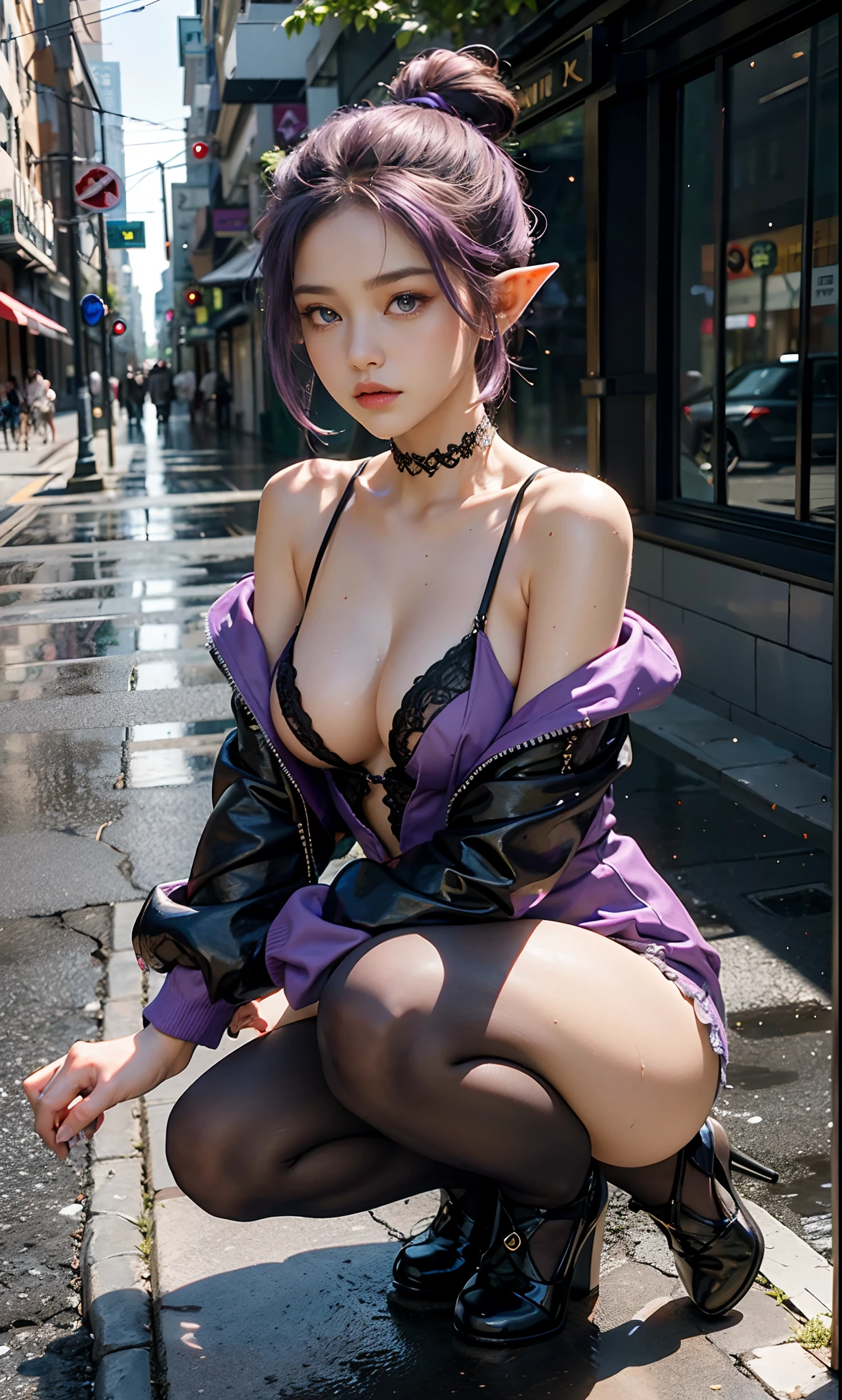 (raining day:1 bun lady,Purple hair combed into a bun, Girl), tmasterpiece, best qualtiy, RAW photogr, realisticlying, the face, Incredibly Ridiculous res, Beautiful elf beauty, ear studs,Get wet all over, (Light purple ultra-short hair,hair-bun), black formal,tiese,(black lence stockings),(Flat shoes),depth of fields, A high resolution, ultra - detailed, filigree, RAWE is very detailed, very detailed eyes and faces, Sharp pupils, realistic pupil, tack sharp focus, cinmatic lighting,full bodyesbian,Bigboobs,long leges,From the front side,Main street on a rainy day,dynamicposes