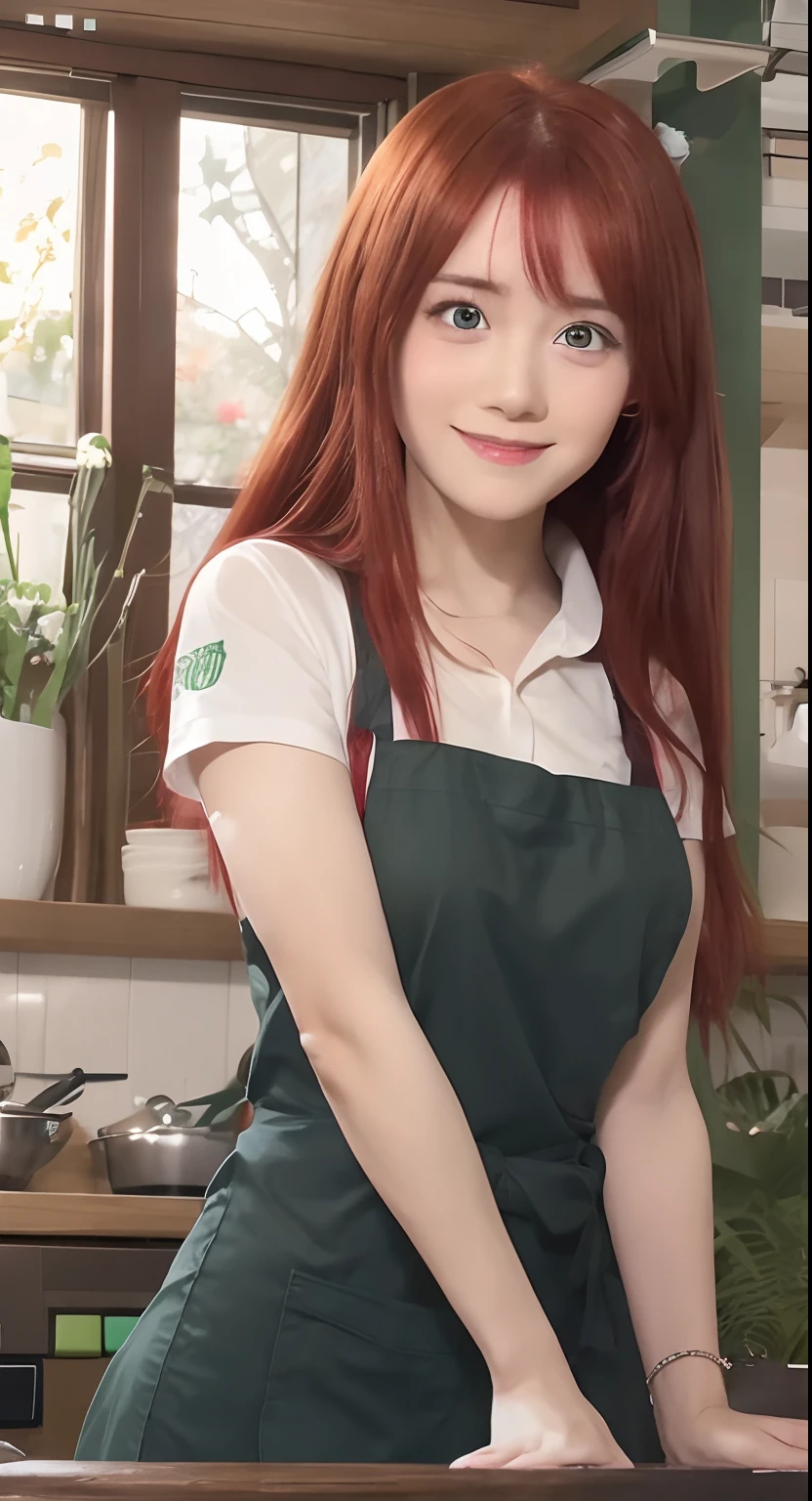 anime girl with red hair and green dress posing in kitchen, anya from spy x family, marin kitagawa fanart, ( waitress ) girl, illustrious makinami, erza scarlet as a real person, misato katsuragi, as an anime character, kurisu makise steins gate anime, (sfw) safe for work, seductive anime girl, maid outfit