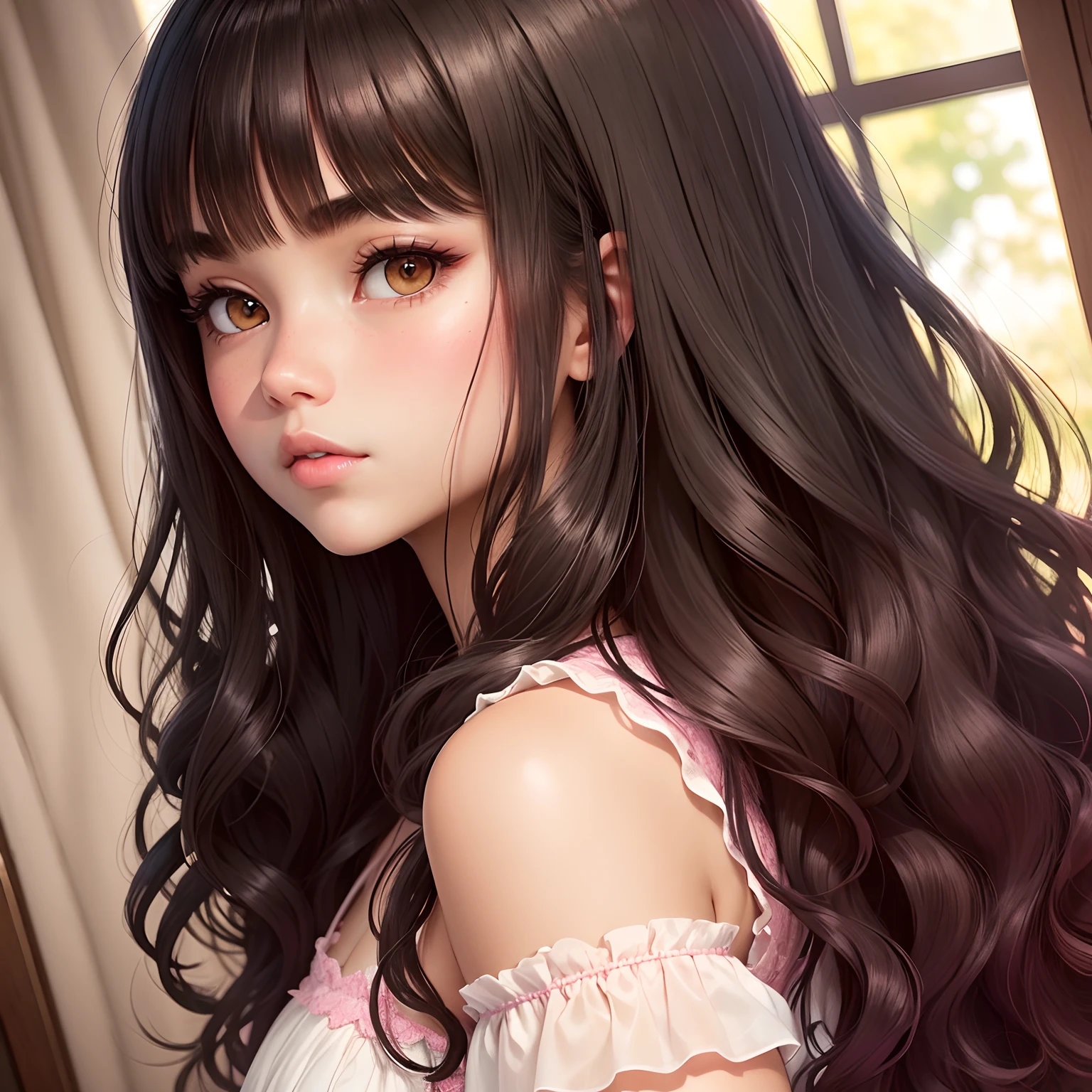 A  girl with a slim v shaped face. Clear skin and natural blush. Long eyelashes and perfect eyebrows. Dimples and has pink plump lips. A straight nose and black wavy hair that has curtain bangs. A medium skin tone and she is British " She has dark brown eyes