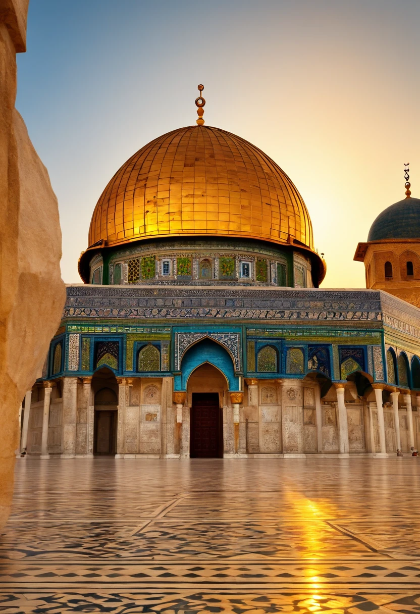 Dome of the rock,ancient architecture,sacred site,Islamic art,golden dome,holy shrine,colorful mosaics, intricate geometric patterns,ornate calligraphy,brilliant sunlight reflecting,beautifully carved pillars,marbled floors,tourists admiring the view,serene atmosphere,religious significance,ancient history,architectural masterpiece,(best quality,4k,8k,highres,masterpiece:1.2),ultra-detailed,(realistic,photorealistic,photo-realistic:1.37),HDR,UHD,studio lighting,extreme detail description,professional,vivid colors,bokeh,night scene,moonlit silence.