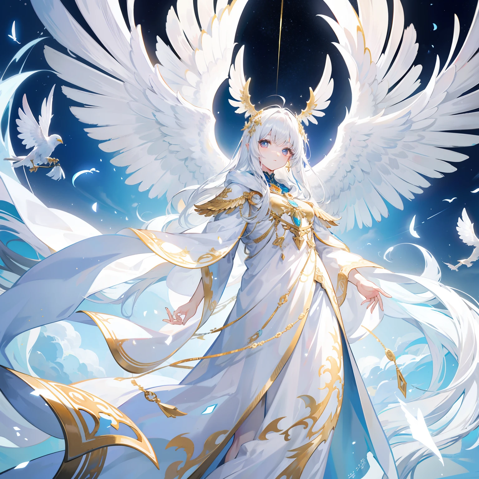 White cloak stretching its wings,Like a big bird,It can transcend the cycle of time and space,Embellished with gold ornaments,It is a special creature life form called immortal like a bird