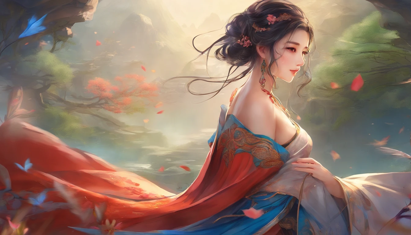 anime II style look at camera,(((top quality, 8k, masterpiece))), crisp focus, (beautiful woman with perfect figure), slender, (hairstyle: up)), street: 1.2 Highly detailed face and skin texture Detailed eyes Double eyelids, lying posture, (smile),super cute chinese person, super beauty chinese girl, realistic face, double eyelid, smile, , Chinese beauty, wearing an ancient Chinese blue dress, under skirt, flowing tulle, bracelet, masterpiece, best quality, 4K, blue theme, hot, beautiful, black hair flowing down, looking at you, sexy, 1920x1080, aesthetic theme, sharp face, very sexy pose, lying pose on back, beautiful face, two hands, view from above, 2 legs, 5 fingers on each hand, 5 toes on each toe, cute face, 1 girl, ancient chinese beautiful background scenery