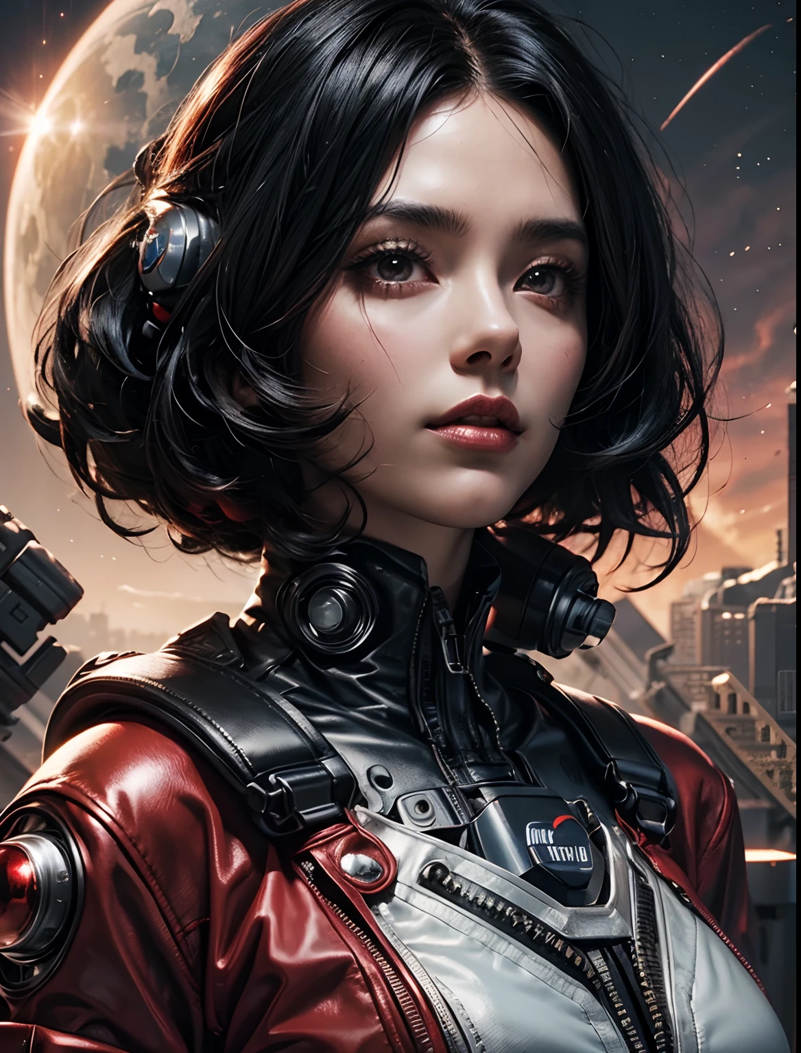 A beautiful woman. Black hair. She is wearing a red metallic space suit. In her background is a silver UFO and an image of outer space. 8K image quality. Cyberpunk style.