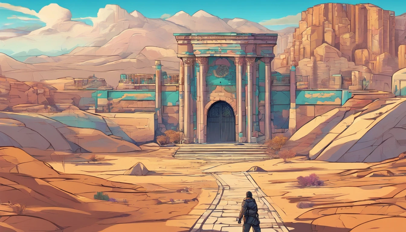Alone man in prison on Mount Qof the time of the prophet high mountain iceberg background , scenery art detailed, Desert oasis landscape, concept-art, 4k highly detailed digital art, 4 k digital painting, stunning digital illustration, Desert in the background, digital painting concept art, Detailed digital painting