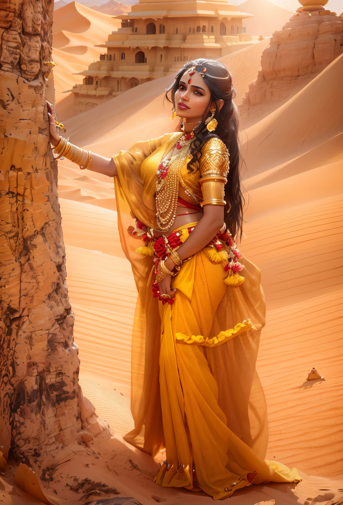 araffe woman in a yellow and red sari posing in the desert, indian goddess, indian, gorgeous woman, beautiful goddess, a beautiful fantasy empress, fantasy woman, cinematic goddess body shot, arabian beauty, indian super model, epic 3 d oshun, arabian princess, gorgeous beautiful woman, sexy girl, deviantart artstation cgscosiety, sexy girl with dark complexion