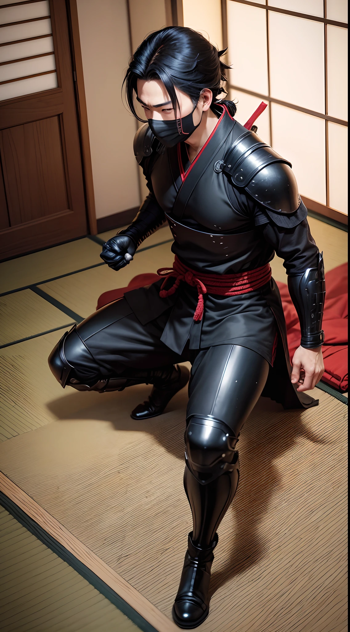 Japanese man,Battle scene between one ninjas  black hair, in the house,recovered photograph
