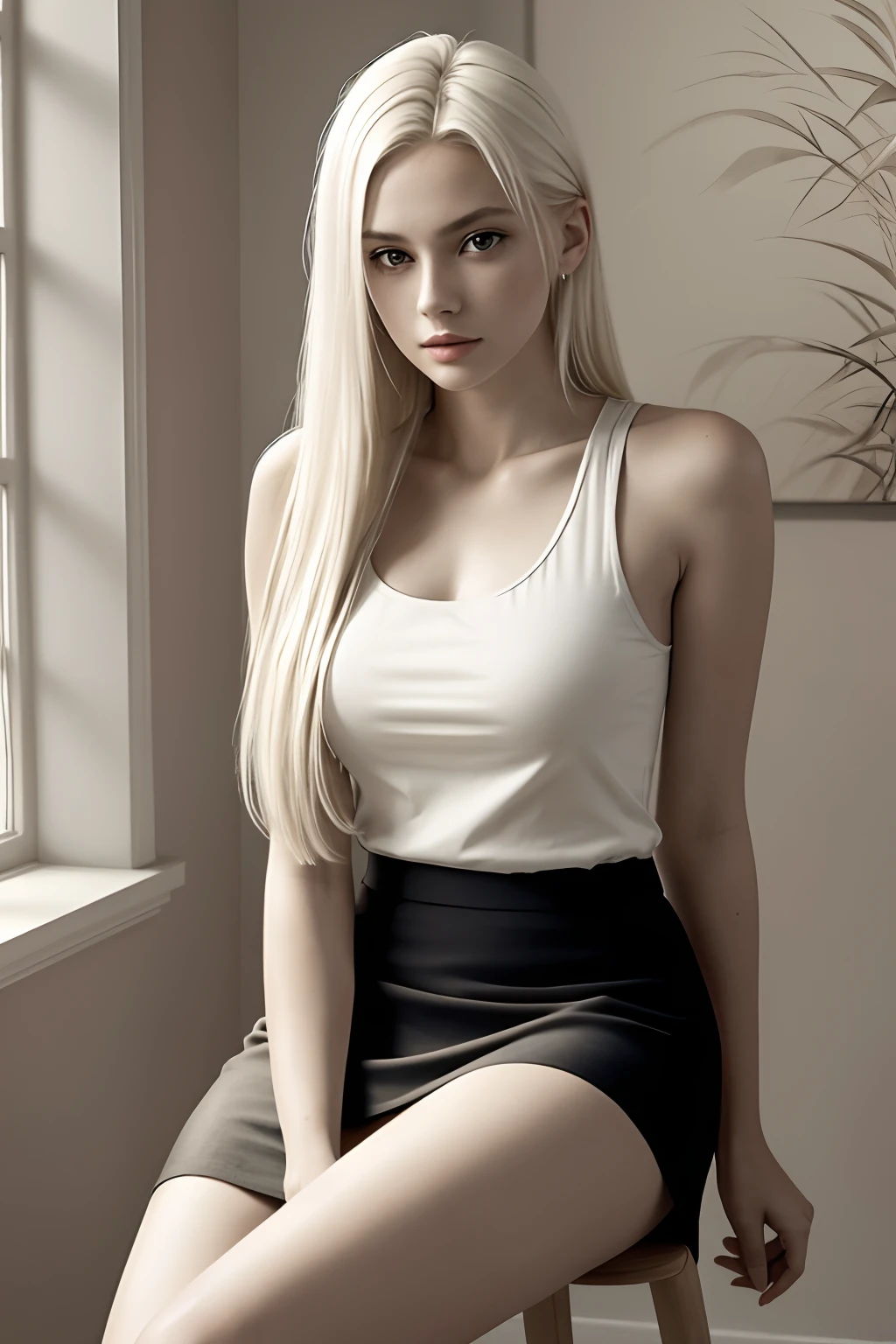 1girl in, age19, Solo, Aesthetic artwork, platinum blonde hair, long straight hair, detailed hair, full c cup breasts, c-cup, slender body, Full body, detailed skin texture, (extremely detailed 8k wallpaper), soft lighting, high quality, film grain, Fujifilm XT3 sharp focus, f 5.6, 50mm, High Detail, Sharp focus,(natural light), (seductive), sitting in a chair with a glass of wine, siting in a chair, sitting on chair, sitting in chair, in a comfortable chair, wearing tanktop, white tanktop, tight top, wearing skirt, bold geometric pattern, black skirt, colorful skirt, Realistic, ultra realistic, photo realistic