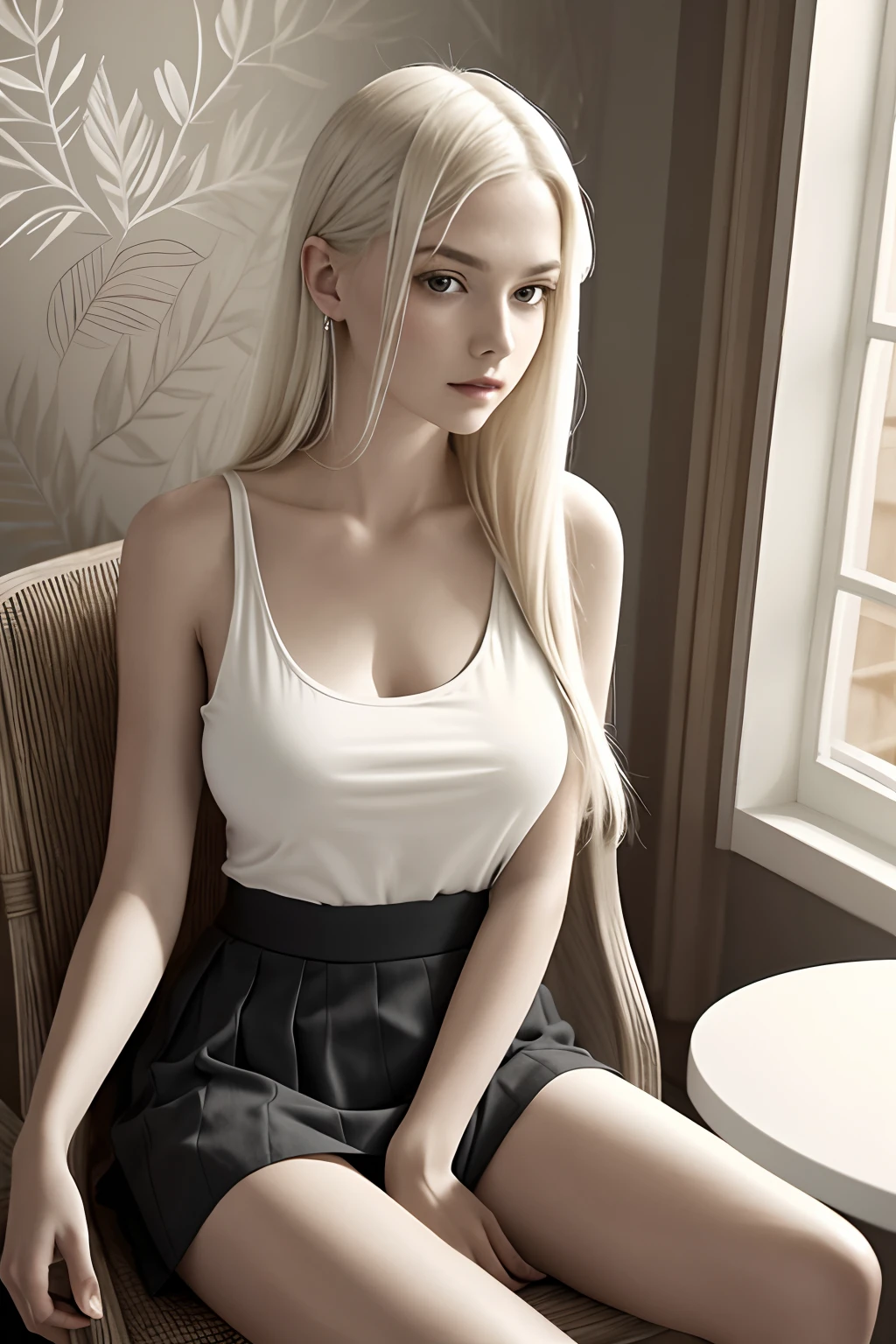 1girl in, age19, Solo, Aesthetic artwork, platinum blonde hair, long straight hair, detailed hair, full c cup breasts, c-cup, slender body, Full body, detailed skin texture, (extremely detailed 8k wallpaper), soft lighting, high quality, film grain, Fujifilm XT3 sharp focus, f 5.6, 50mm, High Detail, Sharp focus,(natural light), (seductive), sitting in a chair with a glass of wine, siting in a chair, sitting on chair, sitting in chair, in a comfortable chair, wearing tanktop, white tanktop, tight top, wearing skirt, bold geometric skirt, black quilted skirt, colorful skirt, Realistic, ultra realistic, photo realistic