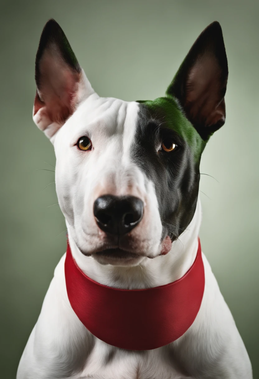 A bull terrier with a red collar and a green background.