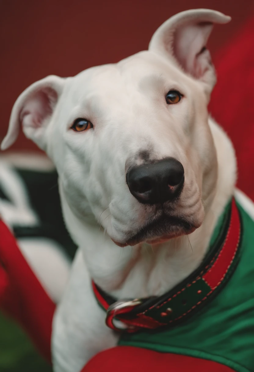 A bull terrier with a red collar and a green background.
