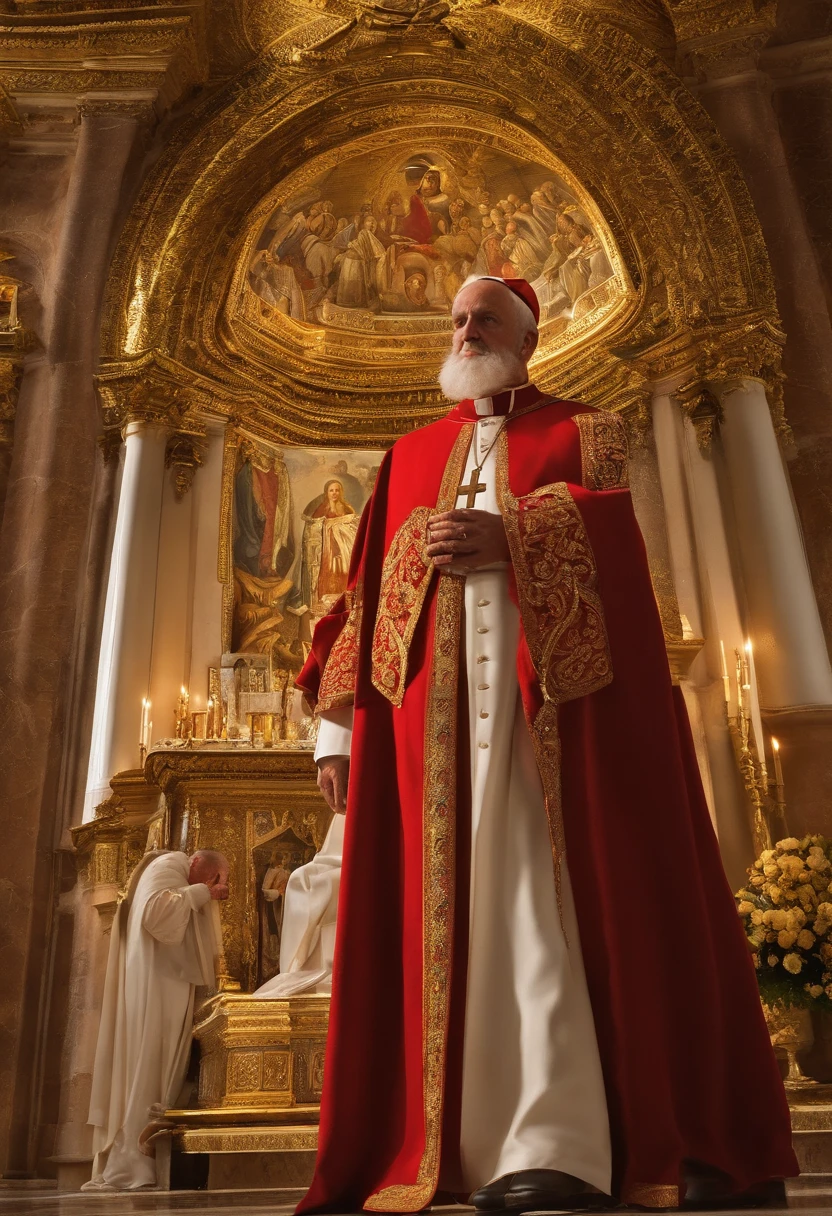 Pope Eugene III , Rosto realista, cabelo calvo, alta qualidade, 4k, olhos e rosto detalhados, em torno de 50 anos, Mitra Papal, standingn, PERTO DA TELA, altar tridentino de ouro ao lado, Richly decorated catholic church, vitrais, luz de velas piscando, Religious symbols, Tall Marble Columns, altar ornamentado, Atmosfera santa, cores vibrantes, soft lighting, majestic presence