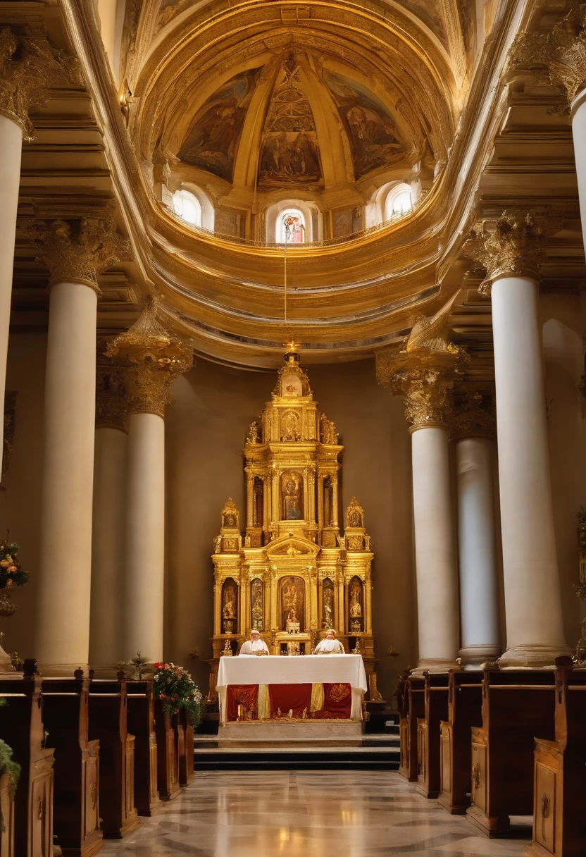 Pope Eugene III , Rosto realista, cabelo calvo, alta qualidade, 4k, olhos e rosto detalhados, em torno de 50 anos, Mitra Papal, standingn, PERTO DA TELA, altar tridentino de ouro ao lado, Richly decorated catholic church, vitrais, luz de velas piscando, Religious symbols, Tall Marble Columns, altar ornamentado, Atmosfera santa, cores vibrantes, soft lighting, majestic presence