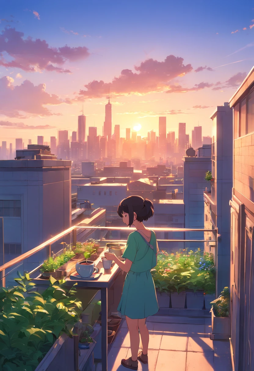 Design a lofi-inspired image of a quiet rooftop garden at sunset. Show a lush urban garden with a view of the city skyline, a person with headphones, and a cup of tea, enjoying the music and the view
