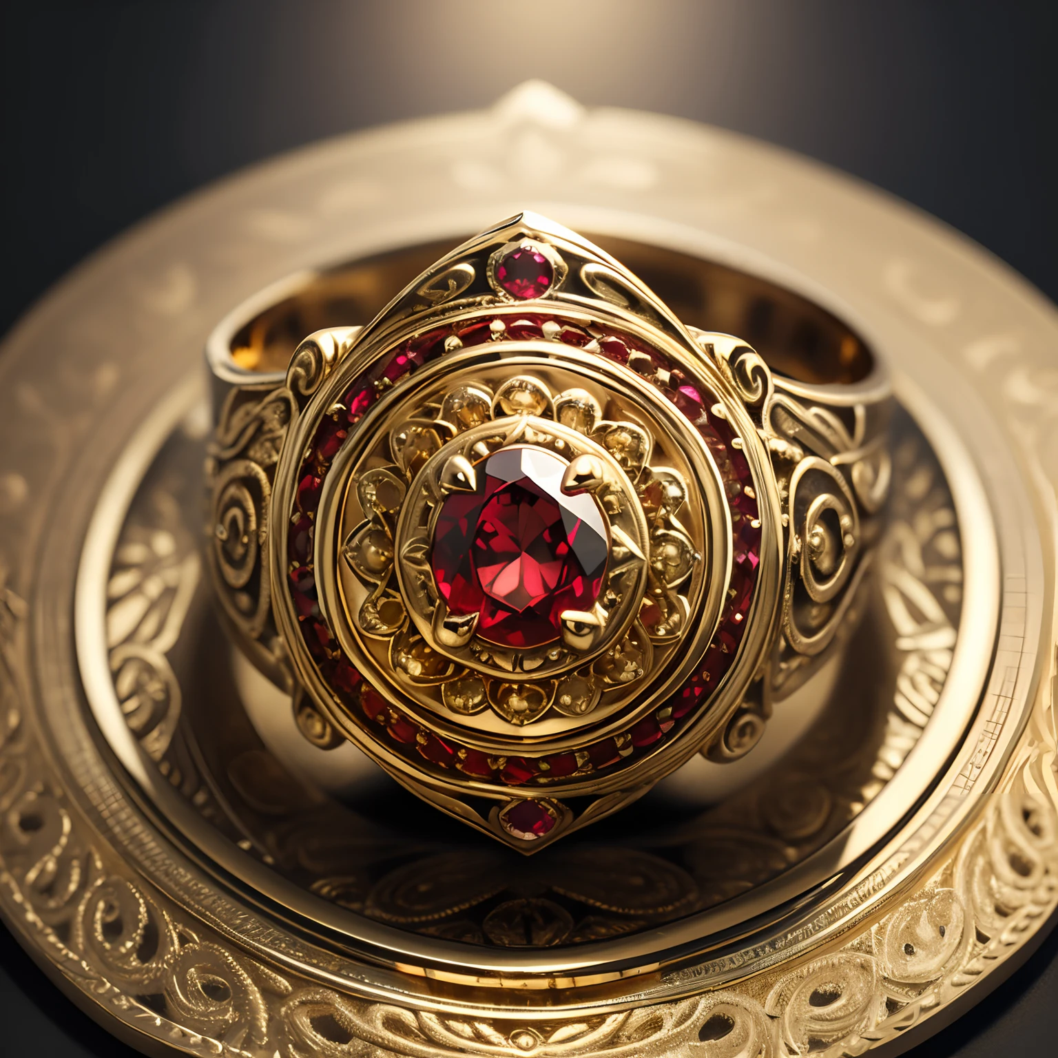 (masterpiece, best quality), best resolution, (Nothing but the ring), (No Man), majestic gold ring, inlaid with rubies, fire pattern carved into the ring