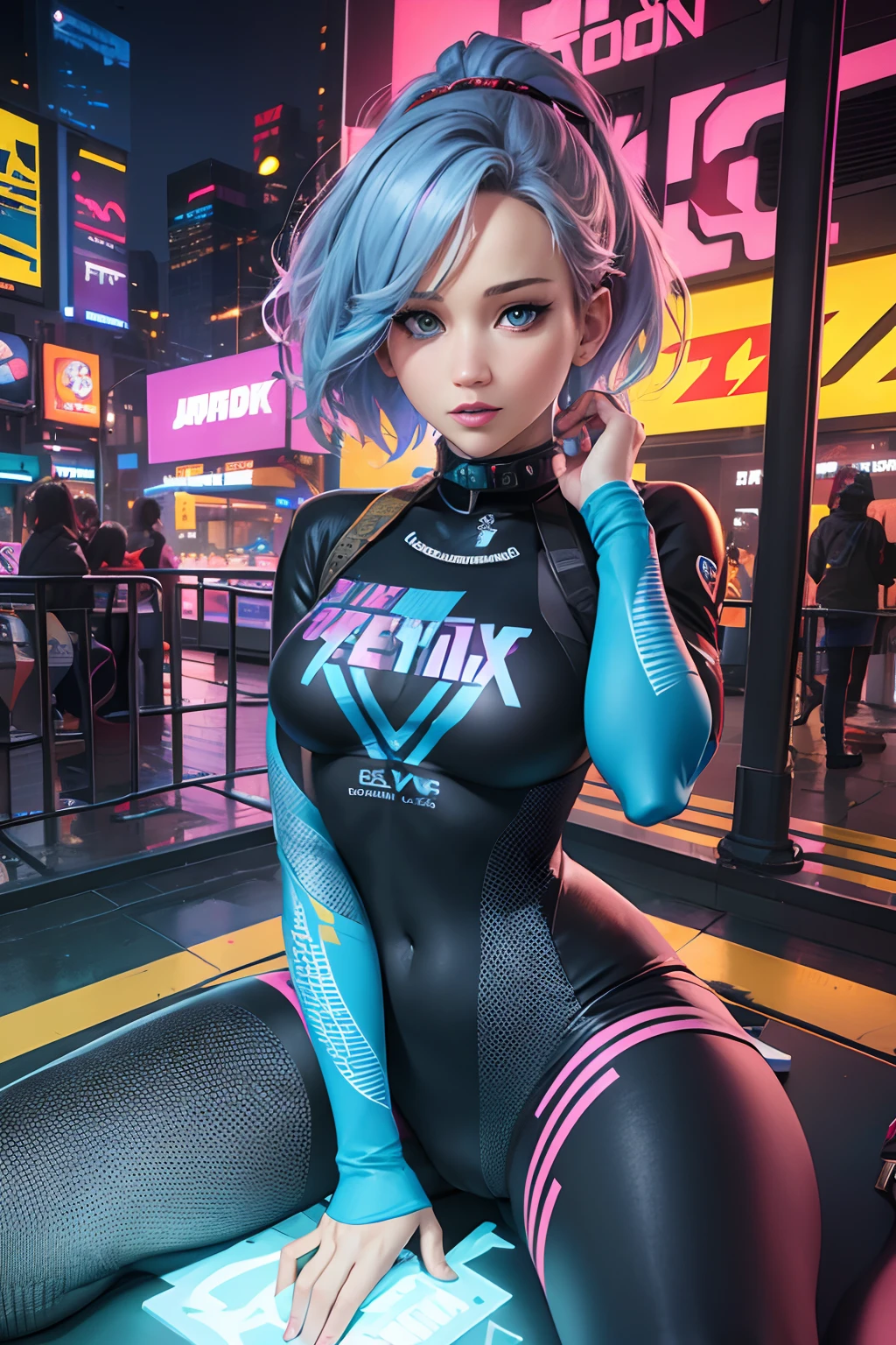 New York City centered, isometric, vector t-shirt art ready to print highly detailed colourful graffiti illustration of Jennifer Lawrence, wearing cyberpunk2077 armour outfit, face is covered by highly detailed, vibrant color, high detail