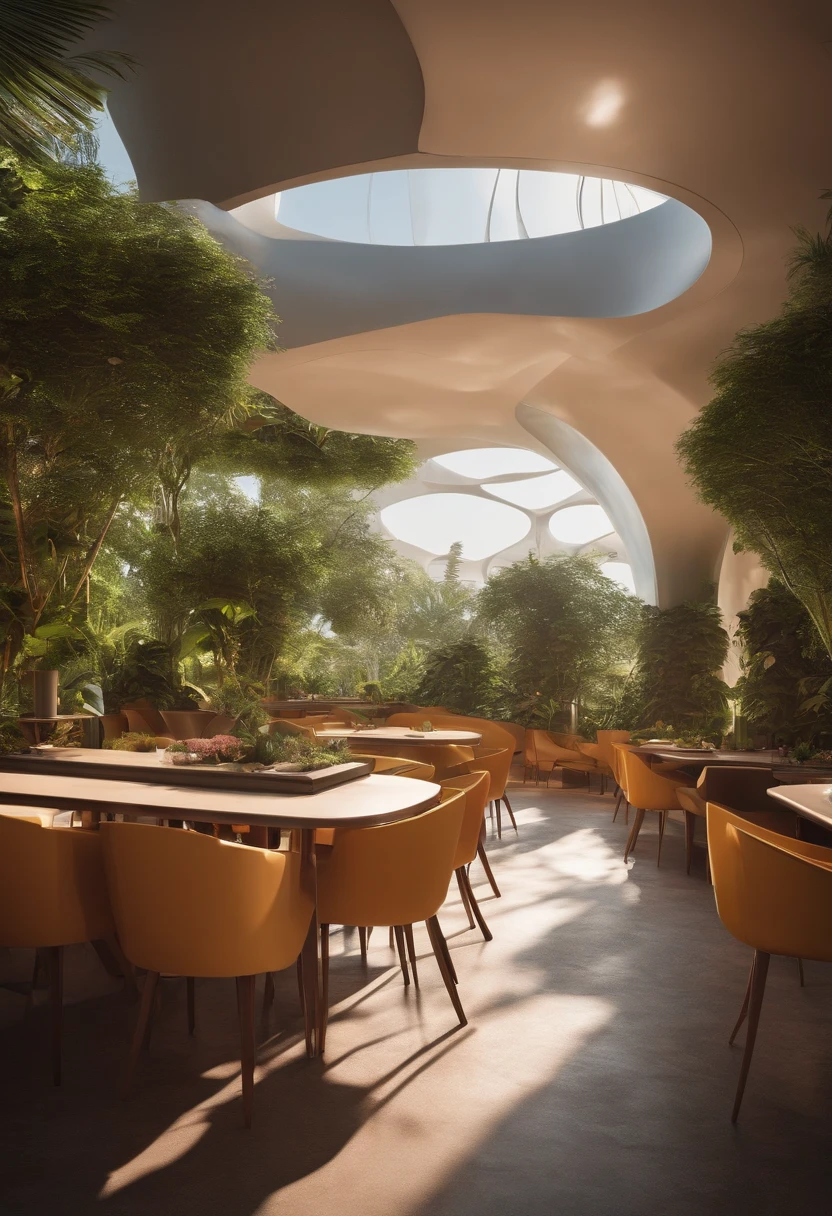 a small café in Brasilia with an abundance of vegetation surrounding the terrace, une architecture futuriste accueillante, Parametric architecture, and a solarpunk atmosphere.