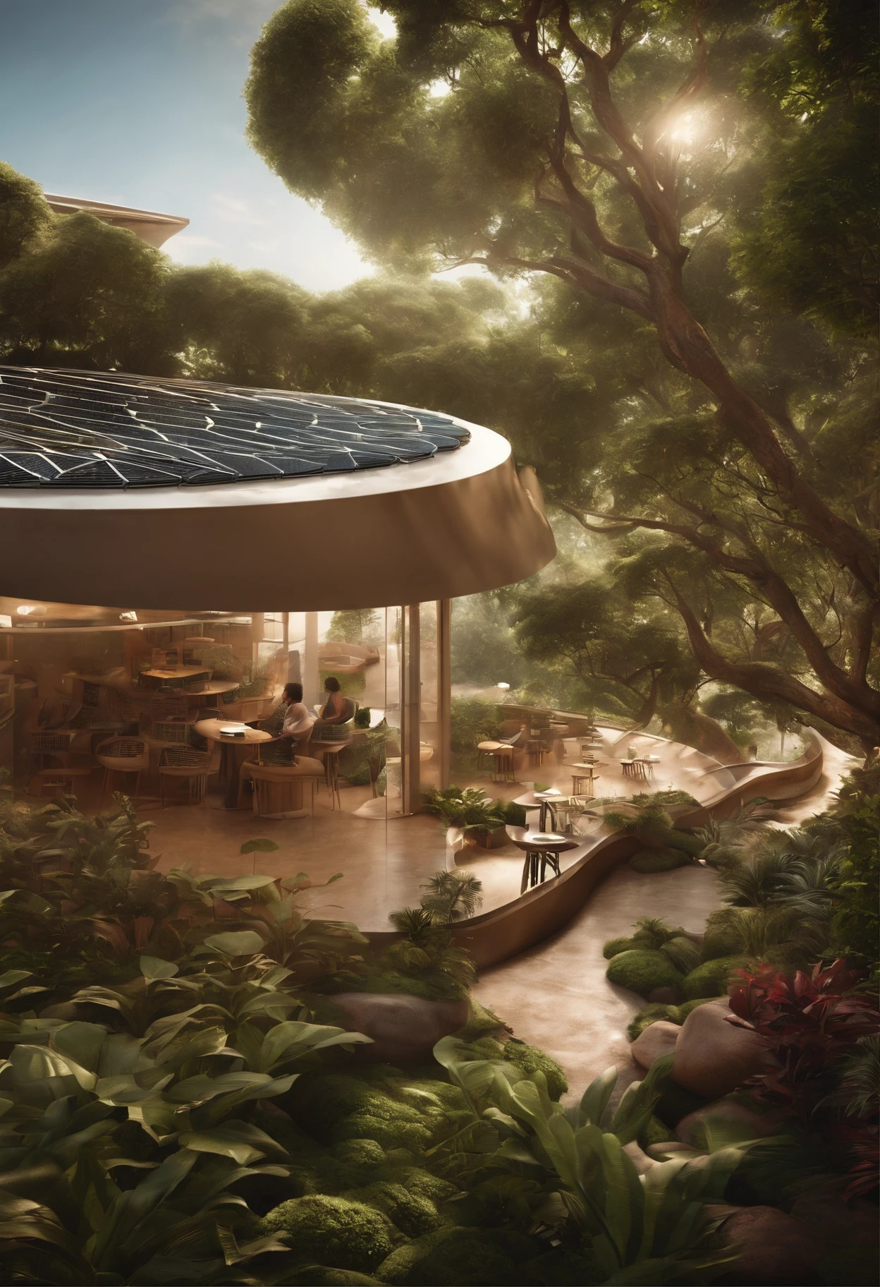 exterior view of a small café in Brasilia with an abundance of vegetation surrounding the terrace, une architecture futuriste accueillante, Parametric architecture, and a solarpunk atmosphere.