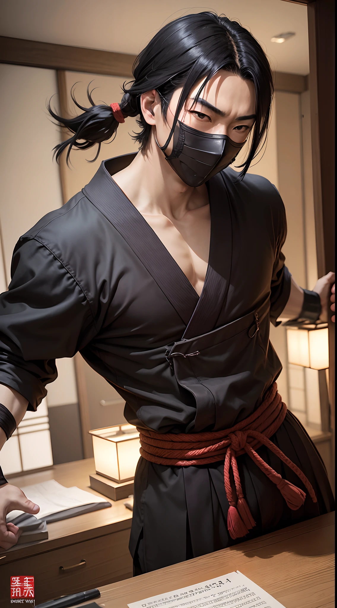 Japanese man,Battle scene between one ninjas black hair, in the house,recovered photograph