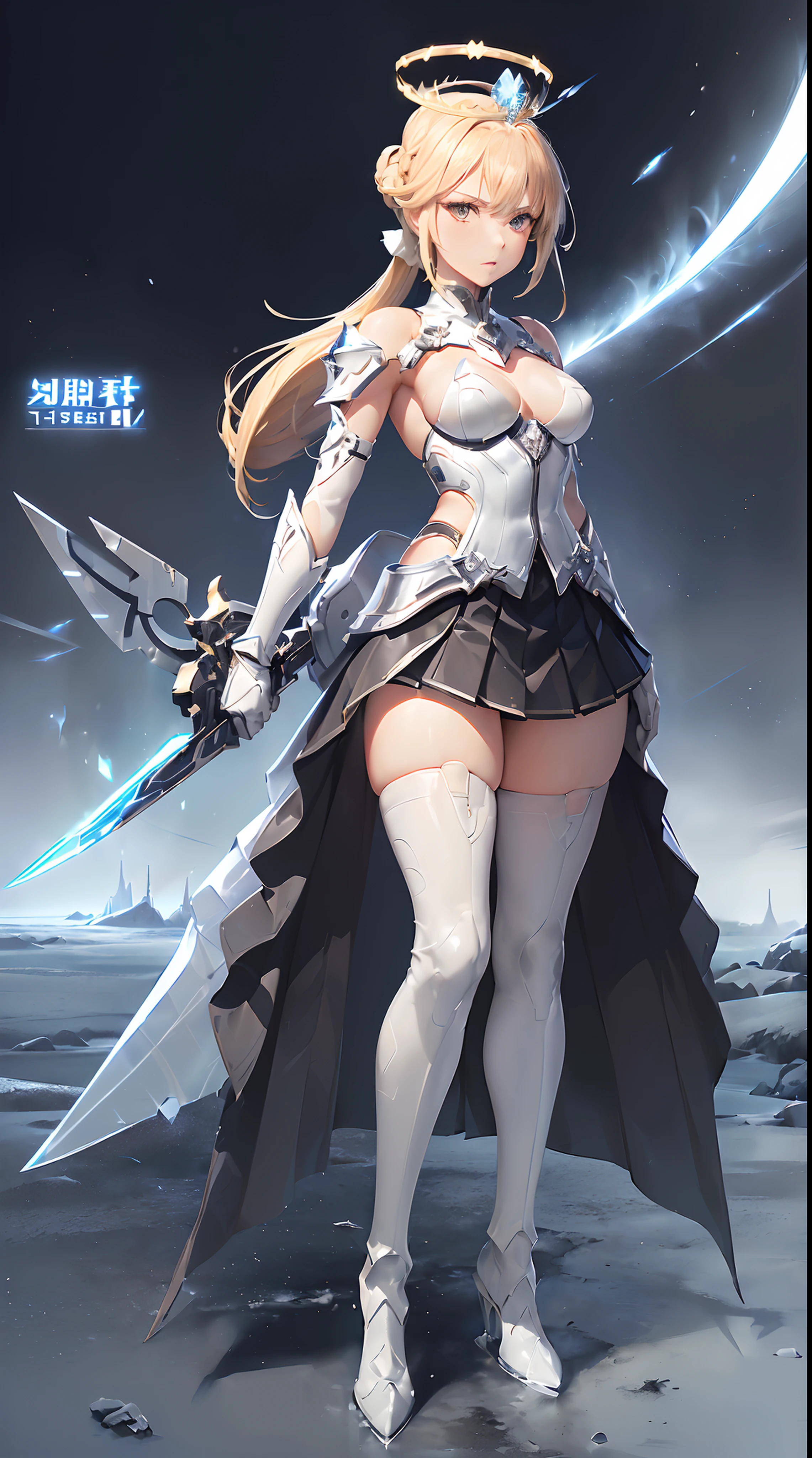 style of anime,Mecha Warlord type,(High-quality characters:1.2),(4K:1.1),(Exquisite facial features:1.2),Glossy face,up-close,(The complexion is very fair:1.3),(sophisticated haircut:1.2),(Long blonde hair single ponytail hairstyle:1.2),(Thin leg:1.2),(Small chest Thin waist:1.2),(Small breasts:1.2),(Raised :1:2),(Adult body type:1:2),(1个Giant Breast Girl:1.2),(Shape-shaping textured armor armor:1.3),(Pleated battle skirt:1.3),(White textured over-the-knee heeled boots 1.3),(A long blade of ice hanging from the waist:1.2),(Long gloves in silver steel texture:1.2),(Patterned gloves and waist-length stockings:1.3),(Silver striped wrist and elbow armor and waist armor and shin and knee armor:1.2),(Crown of ice on the head and halo of fire:1.3),(White transparent shoulder armor and battle robe:1.2),(Urban sky background:1.2),(Light wings on the back:1.2),(the sideview:1.2),(Grim expression:1.2),(Open leg movement 1.3),(Best quality at best:1.2),(hight contrast:1.2)