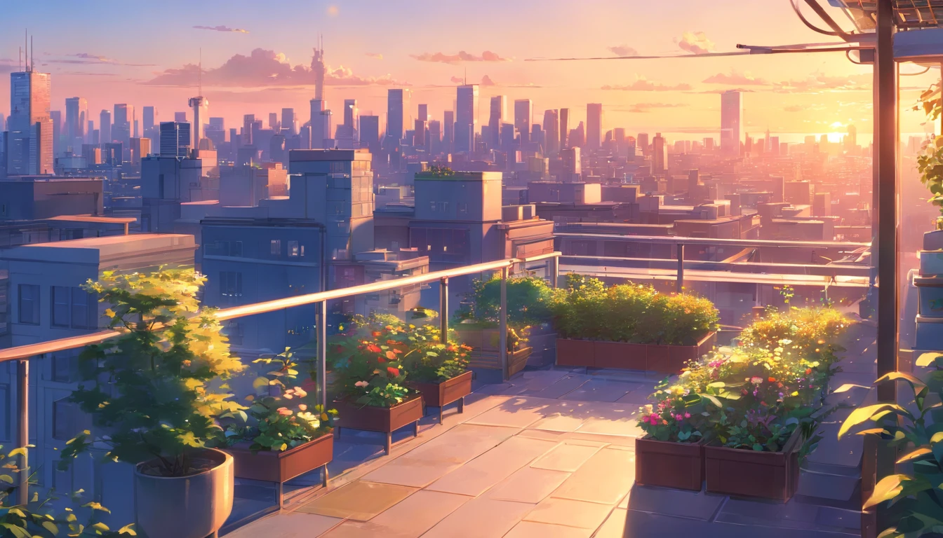 Design a lofi-inspired image of a quiet rooftop garden at sunset. Show a lush urban garden with a view of the city skyline, a person with headphones, and a cup of tea, enjoying the music and the view