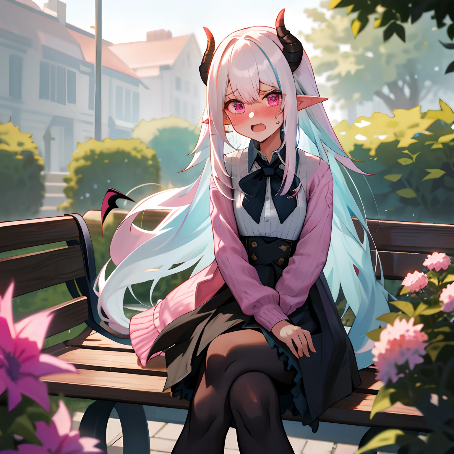 One girl with long hair, white hair, looking at viewer, embarrassed, blushing, open mouth, tears, outdoor , garden, bench, sit on, crossed legs, pink sweater, black bow tie, black hight waist skirt ,thigh, pointy ears, demon wings, demon king, demon horn, perfect waist, pantyhose