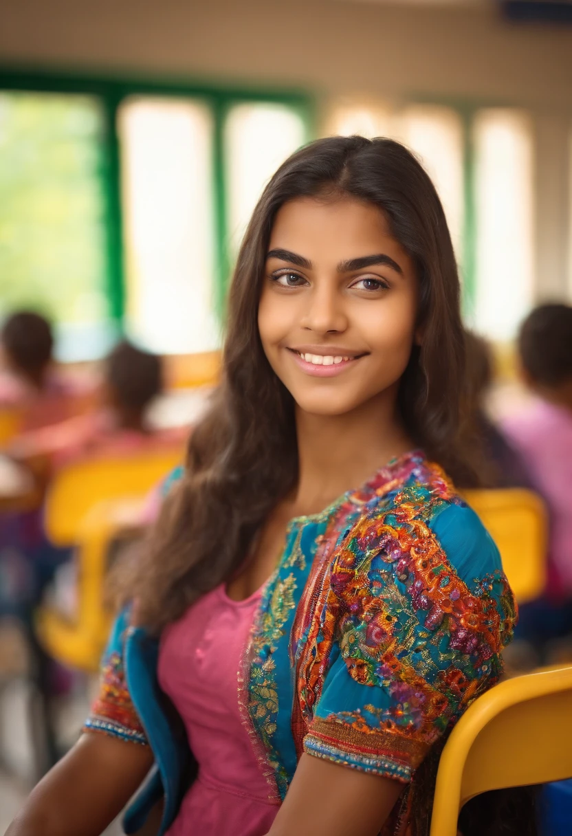 woman looking straight ahead brazilian appearance is wearing colorful clothes and is inside a classroom at school in the background has many chairs and people blurred background image great quality perfection in masterpiece of extraordinary details