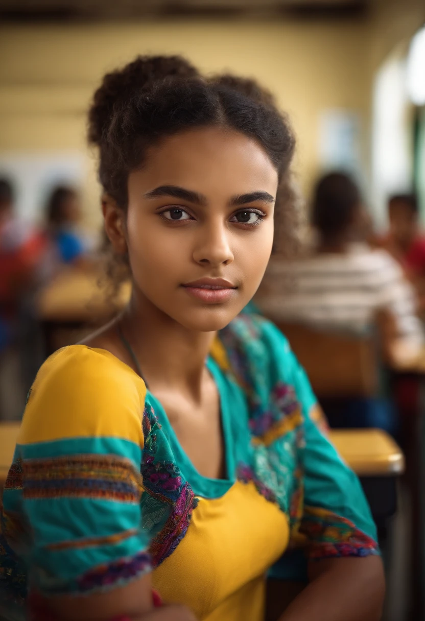  woman looking straight ahead brazilian appearance is wearing colorful clothes and is inside a classroom at school in the background has many chairs and people blurred background image great quality perfection in masterpiece of extraordinary details