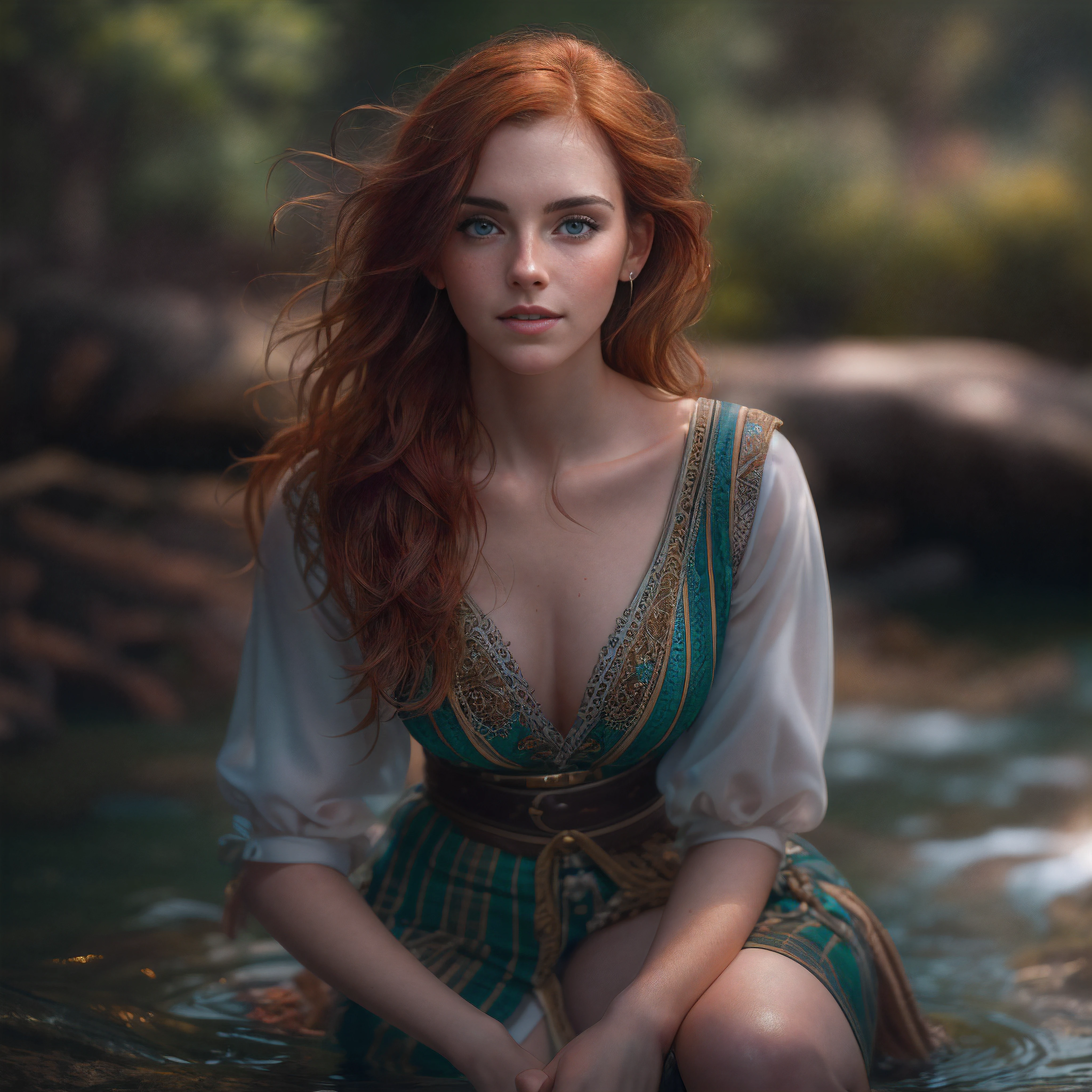 Masterpiece, (((full figure supermodel, full body shot, entire body in frame))), (((magical lighting action shot))) (((beautiful redhead fit pale smiling goddess Scottish woman kneeling in river garden in a park, arms covering flat chest, arms across small chest, arms folded))), (((micro outfit, looking into the camera))) , ((( redhead hair, accurate hands accurate eyes))) moody lighting, very detailed, dramatic lighting, digital art trending on Artstation 8k HD high definition detailed realistic, detailed, skin texture, hyper detailed, realistic skin texture, armature, best quality, ultra high res, (photorealistic:1.4), high resolution, detailed, raw photo, sharp re, nikon d850 film stock photograph 4 kodak portra 400 camera f1.6 lens rich colors hyper realistic lifelike texture dramatic lighting unrealengine trending on artstation cinestill 800, (((accurate female anatomy, perfect eyes))) (((500px, fstoppers, photosight.ru, iso noise))) portrait of beautiful women, looking over spruce forest, moody portrait, striking features, beauty, intricate details, dramatic composition, tension, wispy hair, blue eyes, contrast, texture, realism, high-quality rendering, stunning art, high quality, film grain, Fujifilm XT3, acne, blemishes, detailed skin, freckled
