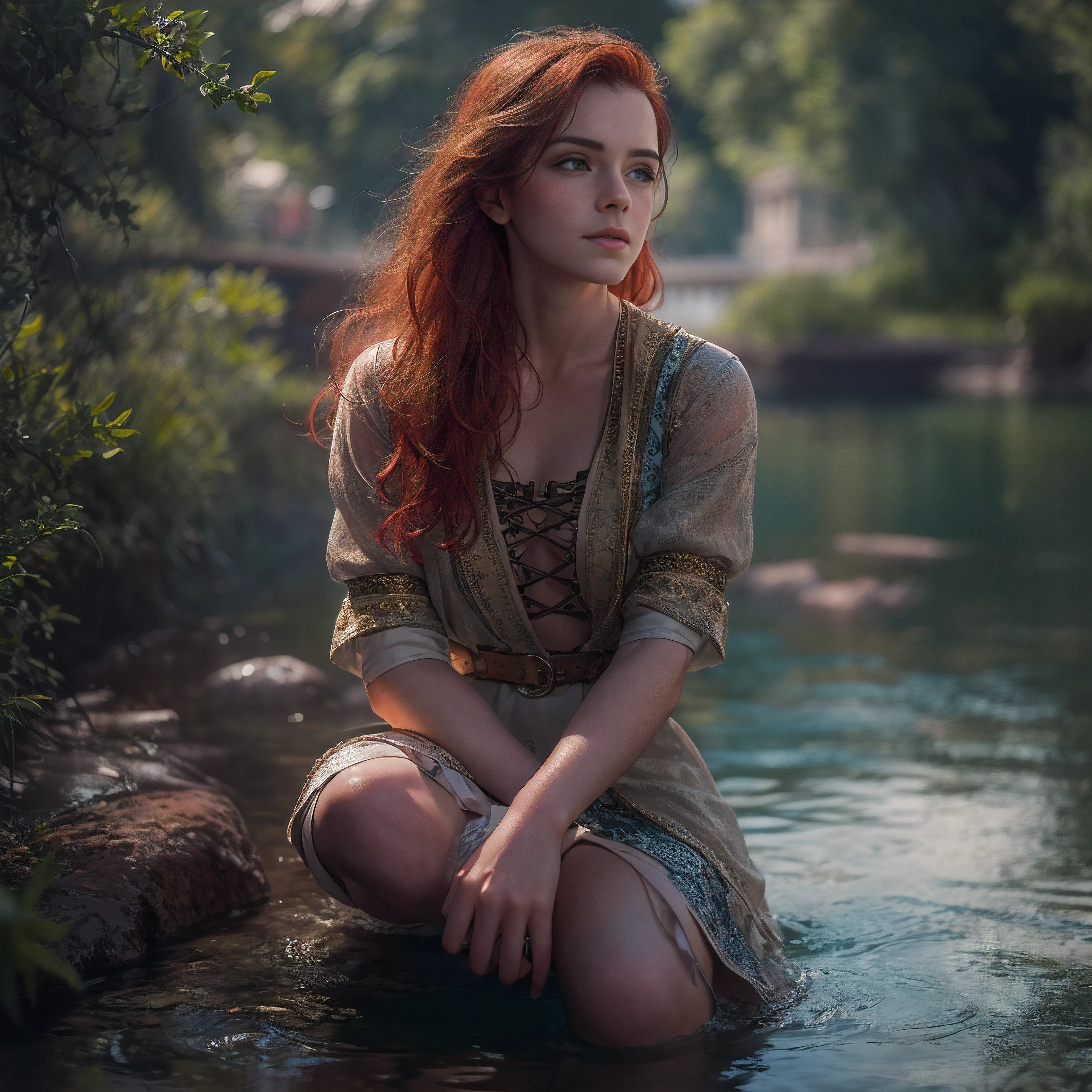 Masterpiece, (((full figure supermodel, full body shot, entire body in frame))), (((magical lighting action shot))) (((beautiful redhead fit pale smiling goddess Scottish woman kneeling in river garden in a park, arms covering flat chest, arms across small chest, arms folded))), (((micro outfit, looking into the camera))) , ((( redhead hair, accurate hands accurate eyes))) moody lighting, very detailed, dramatic lighting, digital art trending on Artstation 8k HD high definition detailed realistic, detailed, skin texture, hyper detailed, realistic skin texture, armature, best quality, ultra high res, (photorealistic:1.4), high resolution, detailed, raw photo, sharp re, nikon d850 film stock photograph 4 kodak portra 400 camera f1.6 lens rich colors hyper realistic lifelike texture dramatic lighting unrealengine trending on artstation cinestill 800, (((accurate female anatomy, perfect eyes))) (((500px, fstoppers, photosight.ru, iso noise))) portrait of beautiful women, looking over spruce forest, moody portrait, striking features, beauty, intricate details, dramatic composition, tension, wispy hair, blue eyes, contrast, texture, realism, high-quality rendering, stunning art, high quality, film grain, Fujifilm XT3, acne, blemishes, detailed skin, freckled