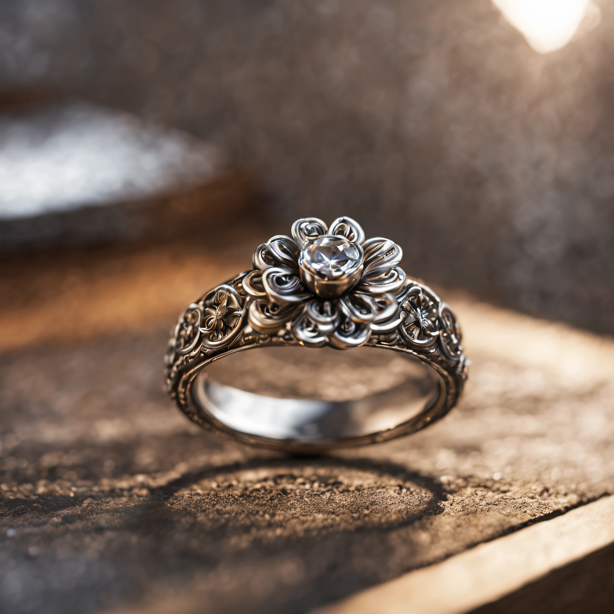 best quality, ultra-detailed, 
an extremely delicate and beautiful, 
Metal Ring, flower motif, 
depth of field, professional lighting,