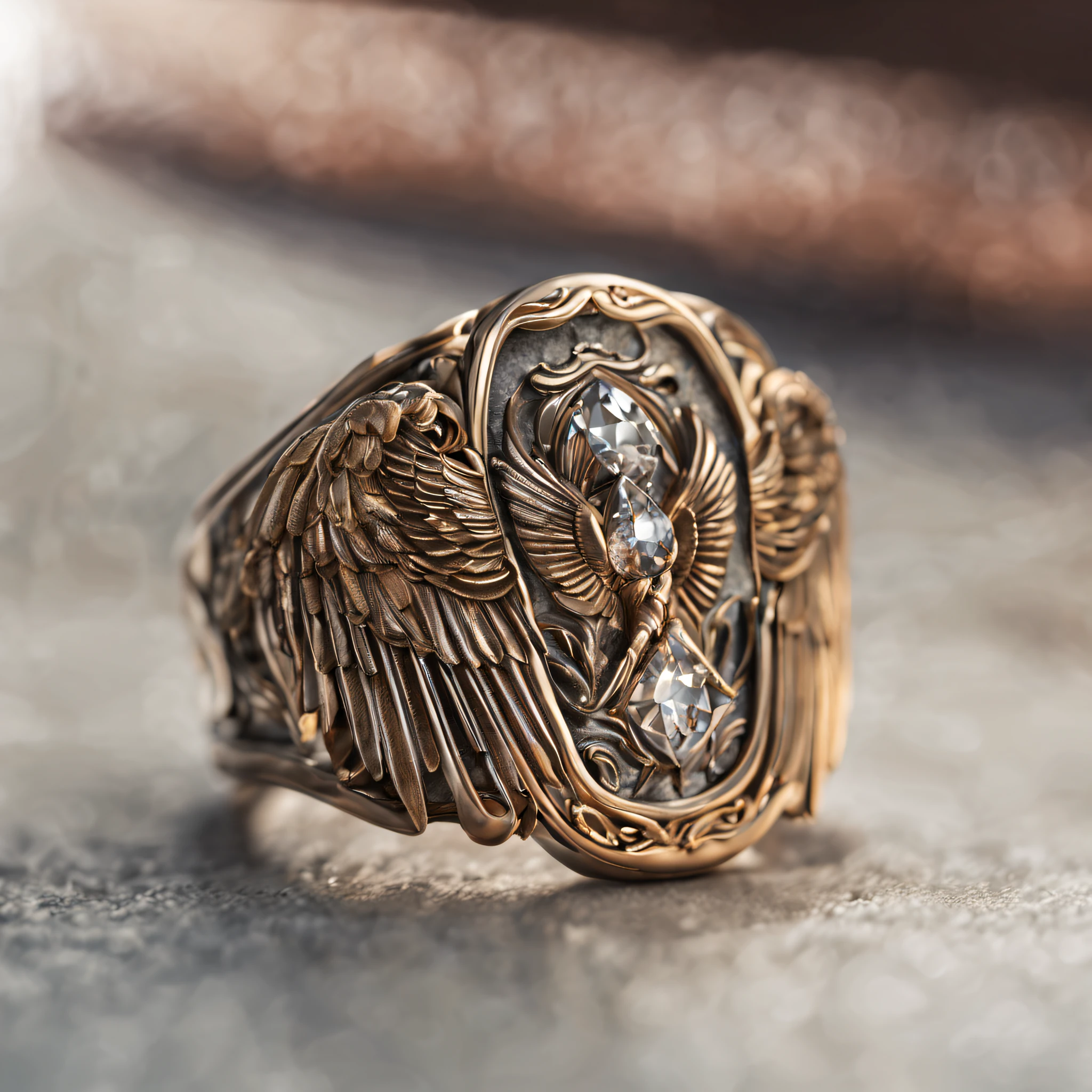 best quality, ultra-detailed,
an extremely delicate and beautiful,
Metal Ring, wings motif,
depth of field, professional lighting,