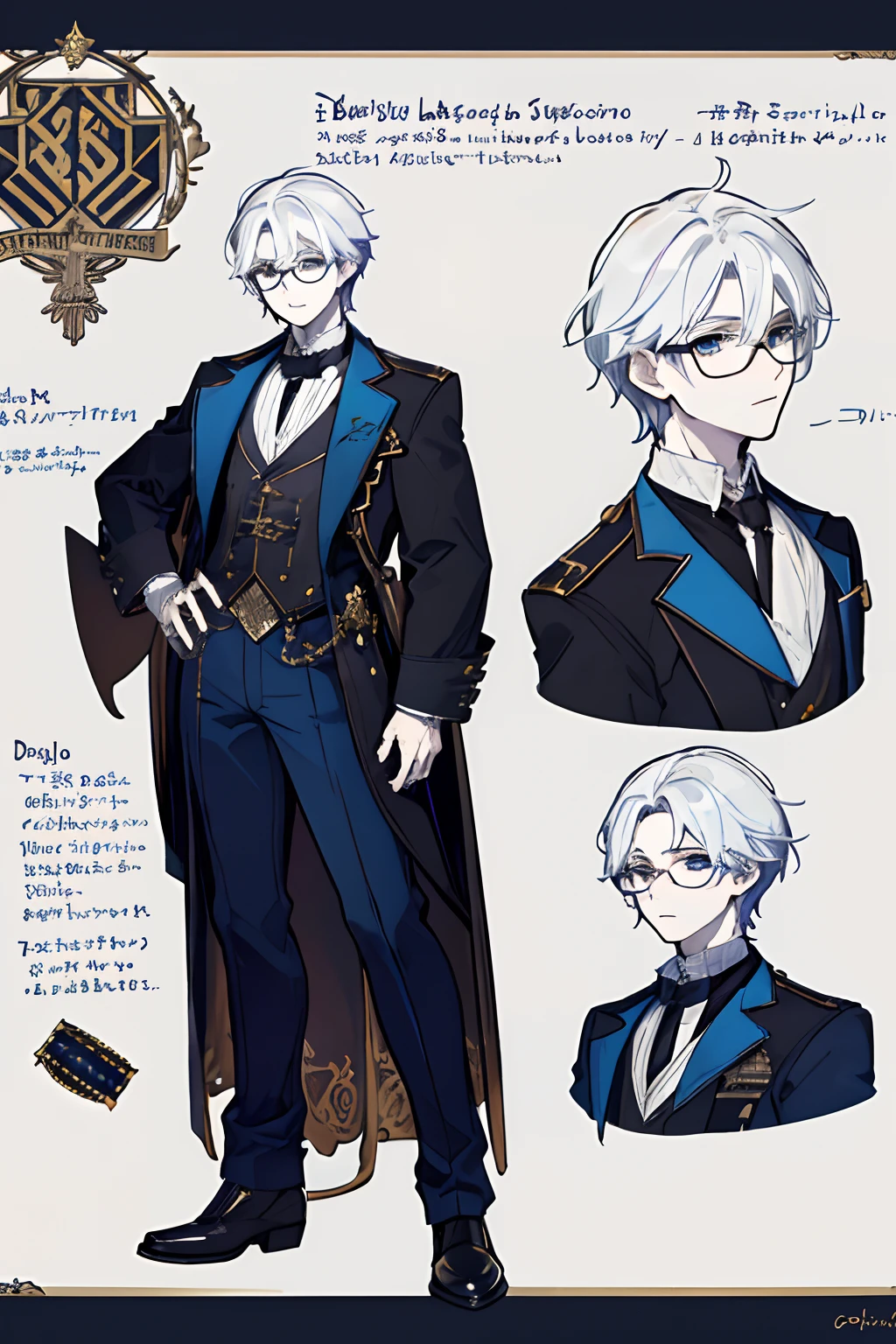 1boy , reference sheet, character design, front angle, side angle, rear angle, dynamic poses, (masterpiece:1.2), (best quality:1.3), royalty outfit, old dusty, steampunk aesthetic, old 40s jumper outfit, diesel punk getup. athletic body. (blue eyes), (short hair), (long bangs), (white hair), (pale skin), (glasses)