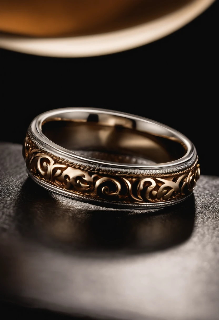 Metal rings),hyper photorealism,Alexander Calder(r,macro shot,reflective lens,spotlight,lord of the ring,Reflection,Openwork engraving,Luxury photography,Wear it on your hand,Rope modeling