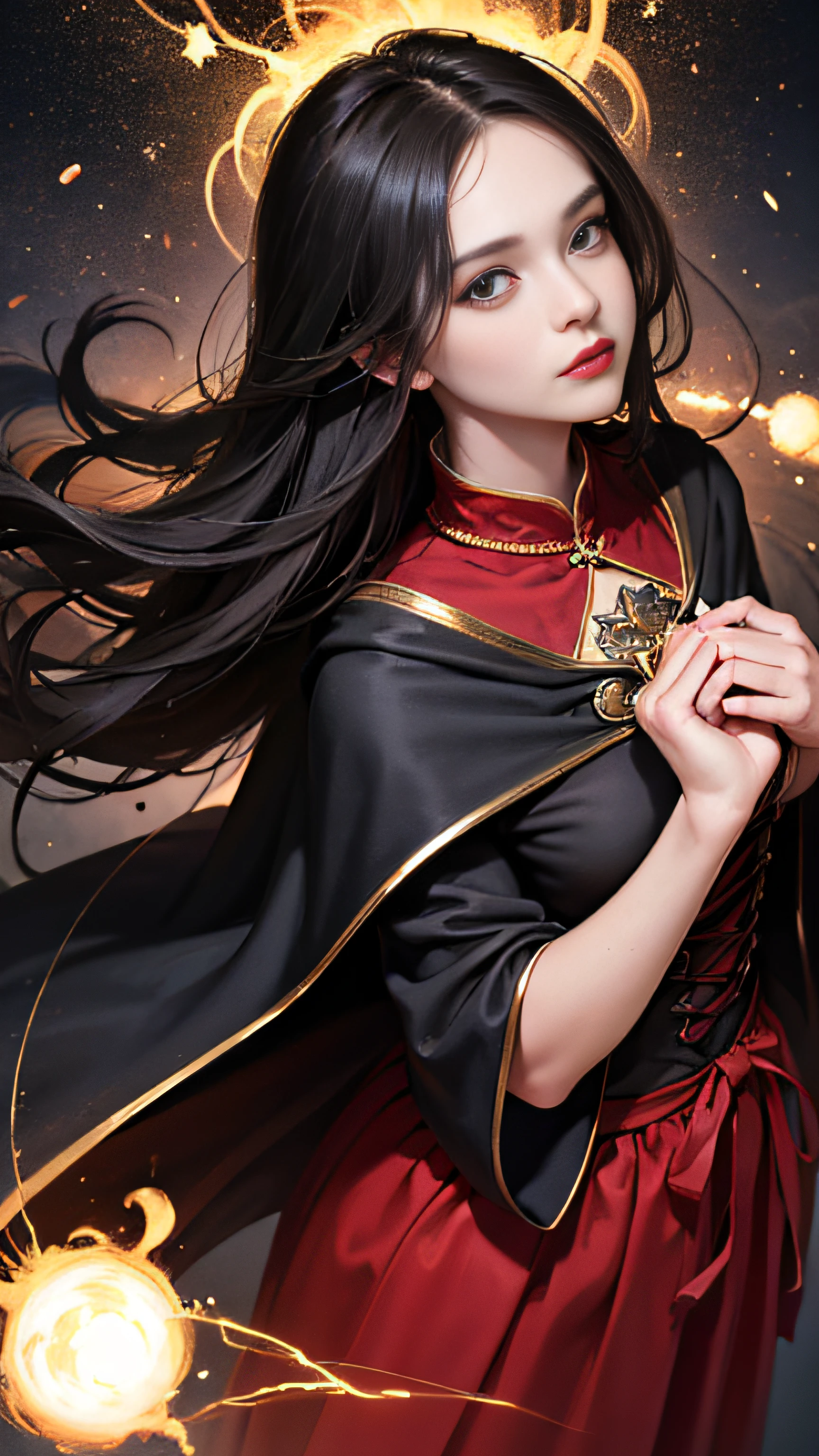 (skindentation:1.5), Realistic, Photorealistic, (masterpiece:1.5), concept art, intricate details, highly detailed, photorealistic, octane render, 8k, unreal engine, dynamic pose, best quality, highres, (realistic face:1.1), (hyperrealistic:1.1), ((full_body)), perfect eyes,(shiny skin:1.2), (((hairstyle))), (((perfect hands))), (extremely detailed background), ((dynamic background)), ((lightning)), (light rays), ((1girl)), wearing cloak, (((flowing cloak))), ((detailed eyes, high quality eyes, high quality face)), (extremely intricate robes, magical robes), long black hair, casting lightning, electricity, swirling fire, radiating power, sparks, smoke, magic, ((dramatic)), epic, battlefield, depth of field, bokeh, 4k, gothic, ember, particles, black and red long skirt