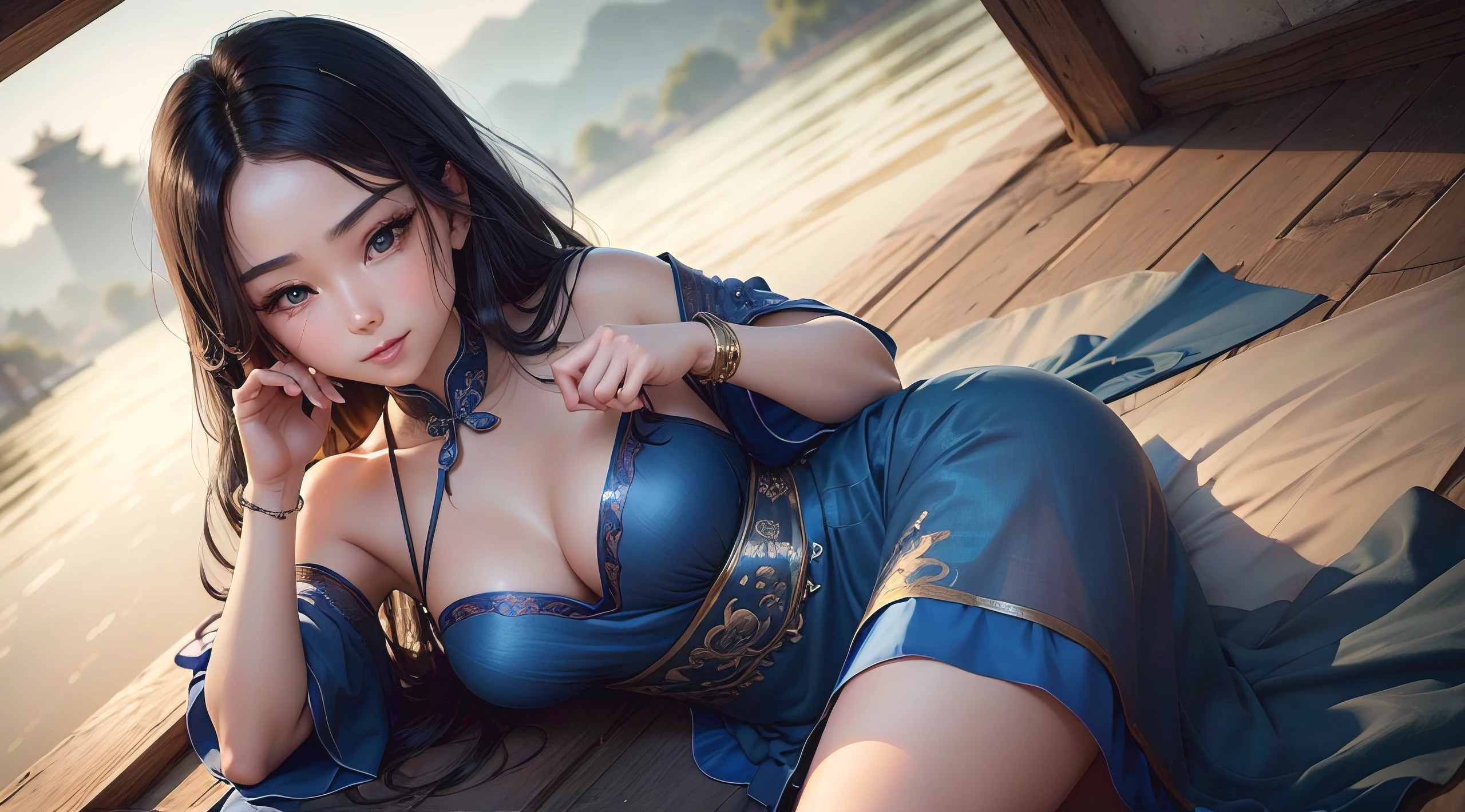 look at camera,(((top quality, 8k, masterpiece))), crisp focus, (beautiful woman with perfect figure), slender, (hairstyle: up)), street: 1.2 Highly detailed face and skin texture Detailed eyes Double eyelids, lying posture, (smile),super cute chinese person, super beauty chinese girl, realistic face, double eyelid, smile, , Chinese beauty, wearing an ancient Chinese blue dress, under skirt, flowing tulle, bracelet, masterpiece, best quality, 4K, blue theme, hot, beautiful, black hair flowing down, looking at you, sexy, 1920x1080, aesthetic theme, sharp face, very sexy pose, lying pose on back, beautiful face, two hands, view from above, 2 legs, 5 fingers on each hand, 5 toes on each toe, cute face, 1 girl, ancient chinese background, beautiful background scenery