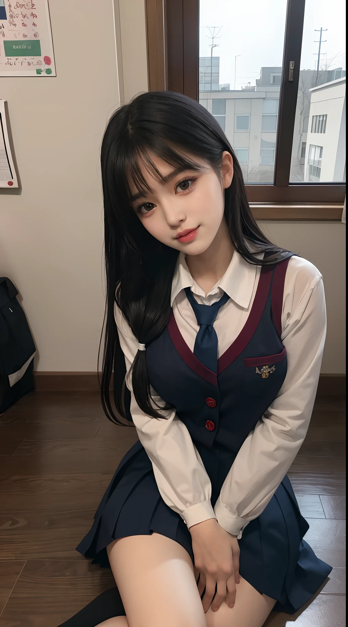 8K, RAW photos, Best quality, Masterpiece: 1.2),(best qualtiy，8K, Yes，32K，masterpiece，hyper HD：1.2) , 20 years old, there is a woman in a school uniform sitting on the floor, wearing school uniform, a hyperrealistic schoolgirl, wearing japanese school uniform, wearing a school uniform, hyperrealistic schoolgirl, cute schoolgirl, japanese girl school uniform, jk uniform, jaeyeon nam, girl wearing uniform, realistic schoolgirl, korean girl, school girl, japanese school uniform