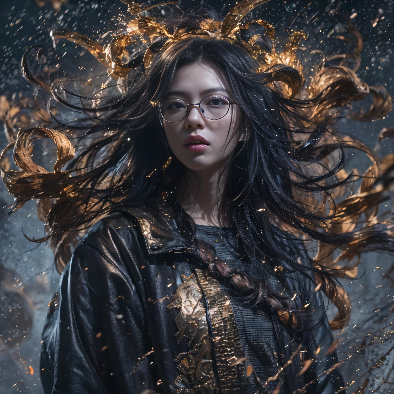 （asterpiece, Best quality), 1girll, Black hair, Wearing gold wire glasses, Cyberpunk, Solo, waist-high, Sexy appearance，Trailer poster effect（The scene of the explosion）My eyes were full of confusion，He clenched his fists，Rush up，Deliver a fatal blow to your opponent，full bodyesbian，Full Body Male Mage 32K（tmasterpiece，k hd，hyper HD，32K）Flowing black hair，The camp is disorganized，zydink， a color， patriot （Ruins）， （Linen batik scarf）， Angry fighting stance， looking at the ground， Batik linen bandana， Chinese python pattern long-sleeved garment， （Abstract propylene splash：1.2）， Dark clouds lightning background，Flour flies（realisticlying：1.4），Black color hair，Flour fluttering，Background fog， A high resolution， the detail， RAW photogr， Sharp Re， Nikon D850 Film Stock Photo by Jefferies Lee 4 Kodak Portra 400 Camera F1.6 shots, Rich colors, ultra-realistic vivid textures, Dramatic lighting, Unreal Engine Art Station Trend, cinestir 800，Flowing black hair,（（（Platinum Mage））），The male mage was furious，Trailer poster effect，Xiaoyi、Mu Ling、Autumn lotus、with a cold、Kazumi、Dai Yun、Yajing、Mengjie、Ling Wei、Midland、Panhai、Yan Ying、Security forces、Aim for、Zhou Nan、Autumn butterflies、Qianyi、anjou、Shi Rui、Mountain geese、Youling、Incense、Xiaolan、White glow、Jade Mountain、Cold shock、Autumn Cui、Summer Willow、As it is、yinan、Shuyi、Emerald peach、Send Yao、romatic、Ask Willow、Phantom peach、, Mengyao、Kexin、Siqi、jiayi、wanting、Yajing、Yuwei、YU Yan、Perran、Shin-yeon、Mengjie、Lizzy、Jingwen、Yuechan、Changxi、Midland、wanting、Xue Xian、Yajing、Huixi、mano、YU Yan、Sang Yu